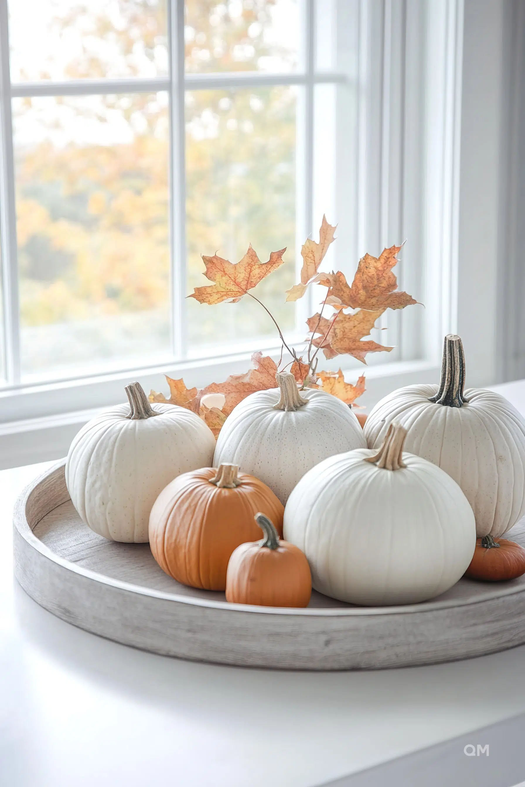 A collection of white and orange pumpkins on a round tray by a window with a view of autumn trees.
