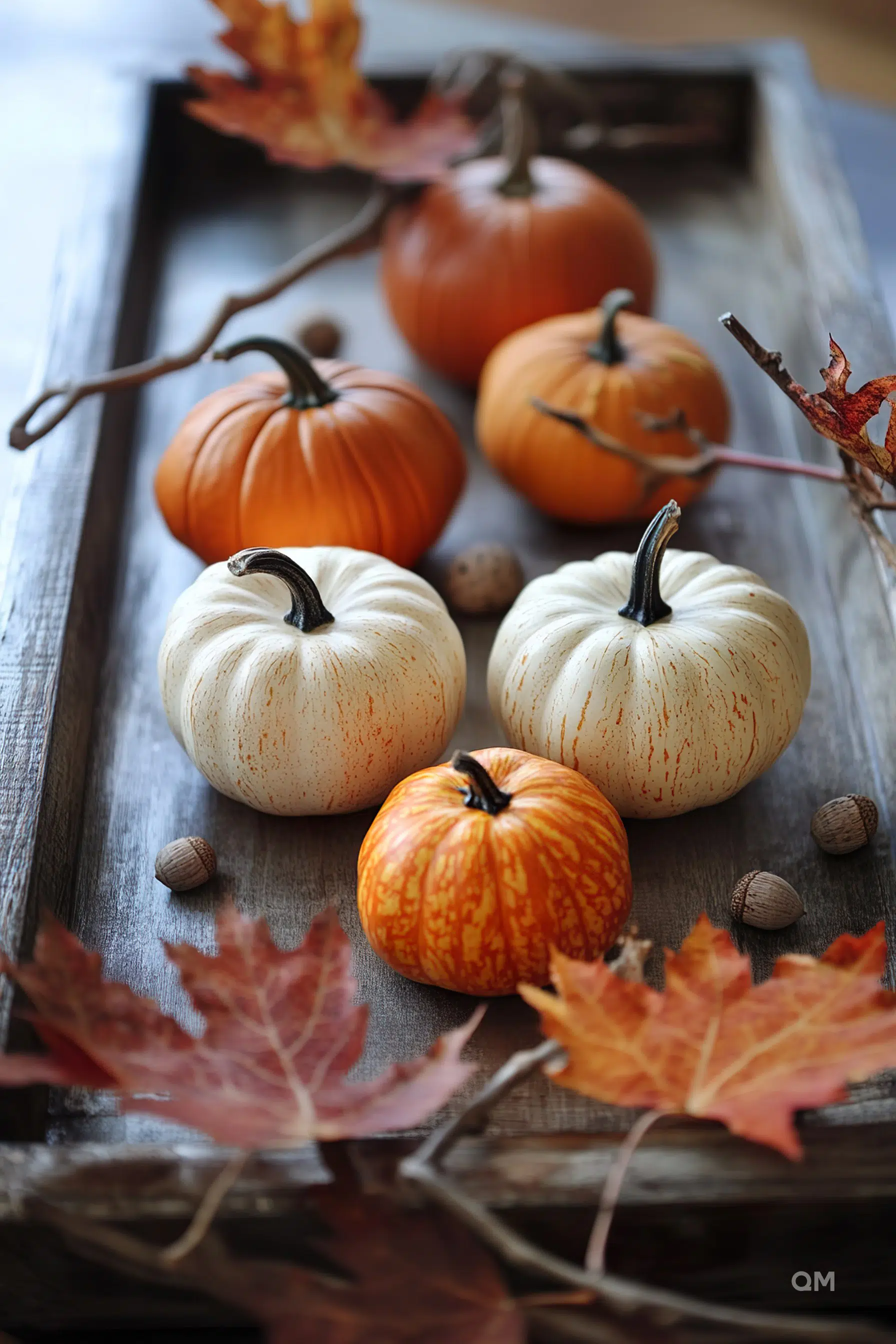 Assorted pumpkins and autumn leaves on a wooden tray, capturing the essence of fall.