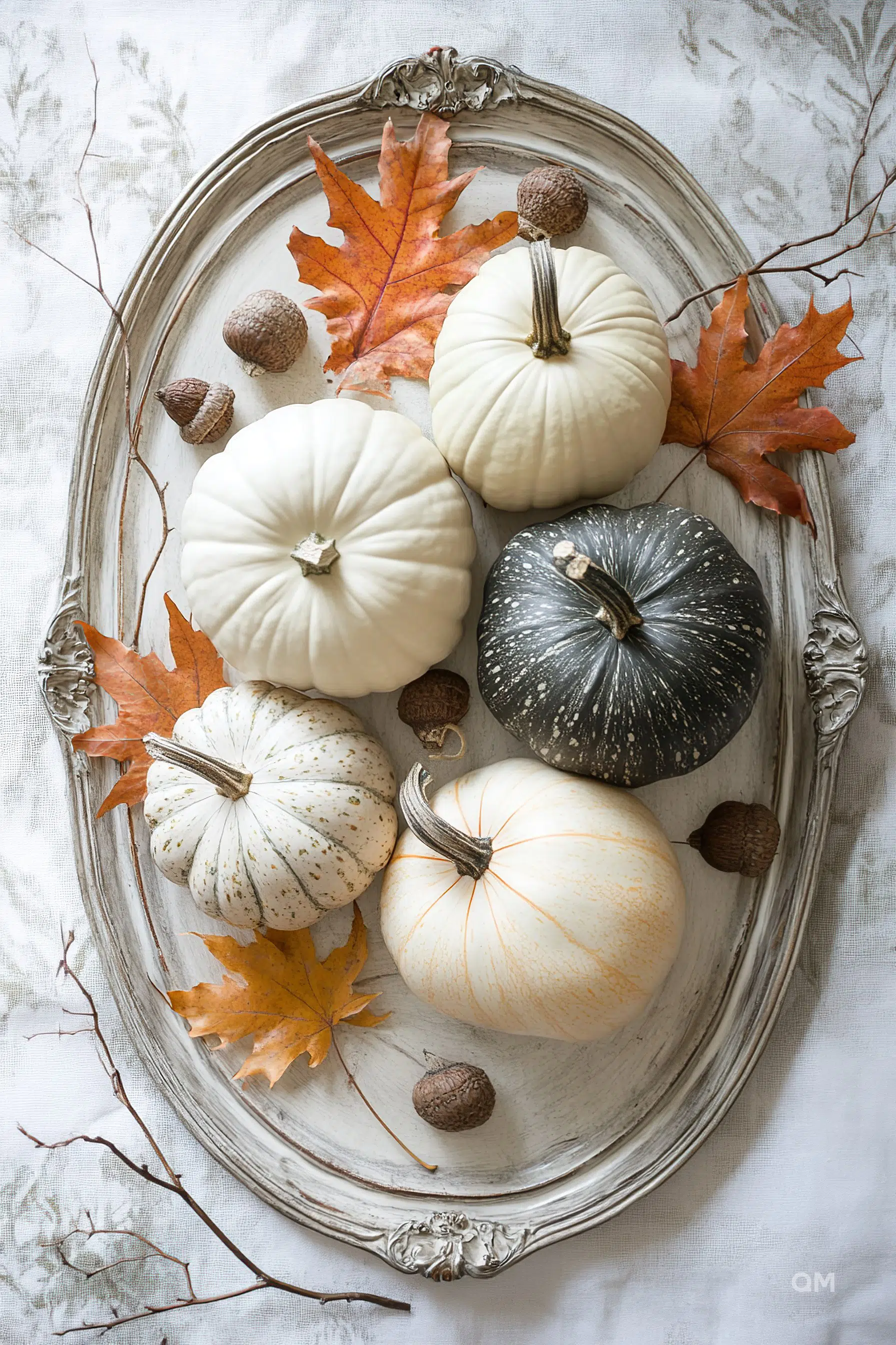 Decorative autumn arrangement with white and green pumpkins, fall leaves, and acorns on an ornate vintage tray.