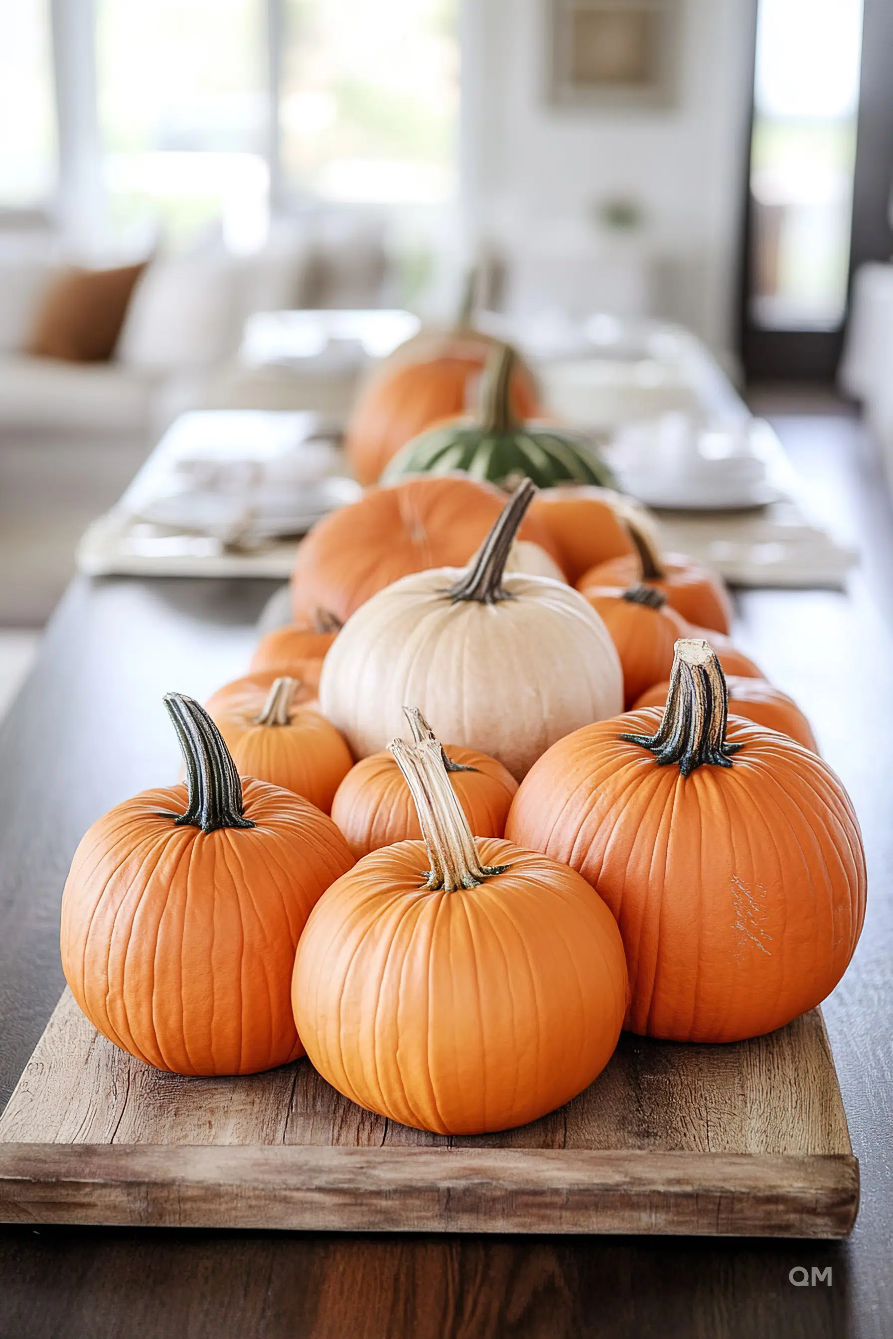 A line of orange and white pumpkins arranged on a wooden board in a bright home setting with a blurred background.
