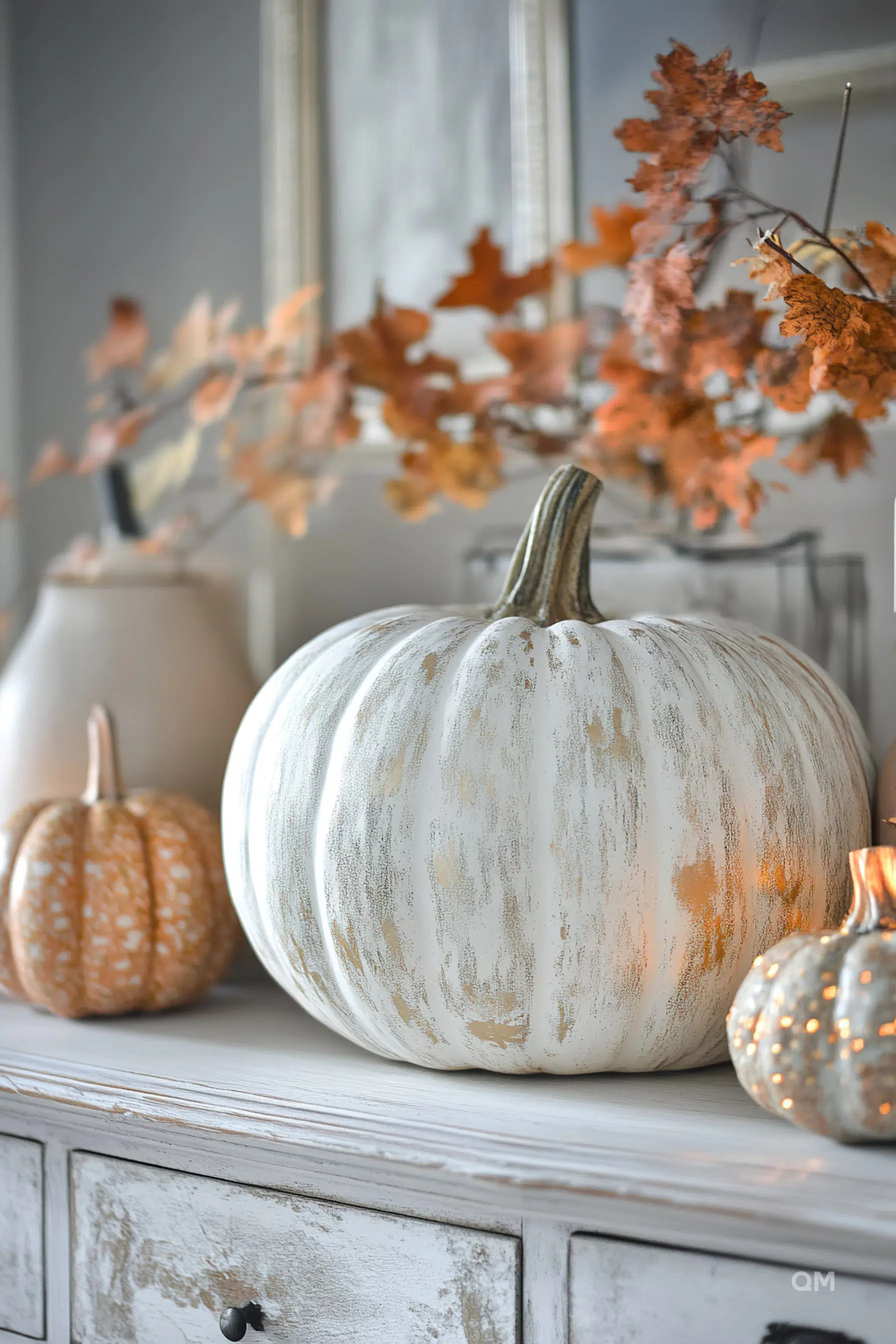 A rustic autumnal display featuring a large white distressed pumpkin, a small patterned pumpkin, and glowing lights on a wooden surface.