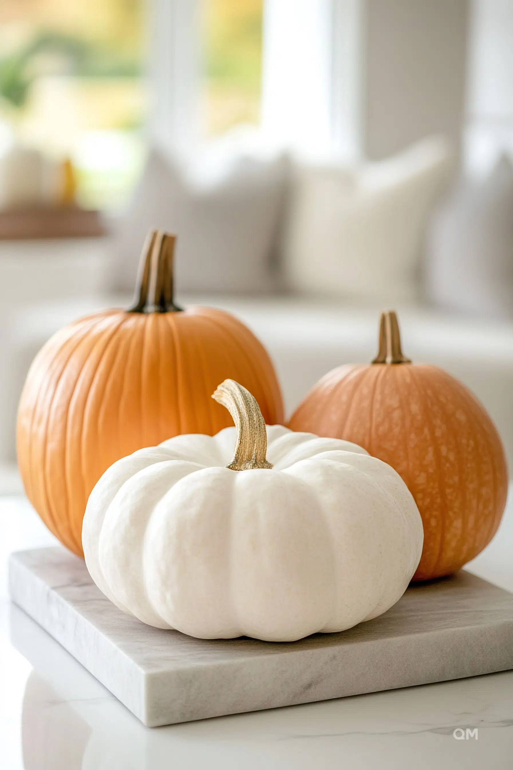 Three decorative pumpkins on a marble slab, with a white pumpkin in the foreground and orange ones behind, in a bright room.