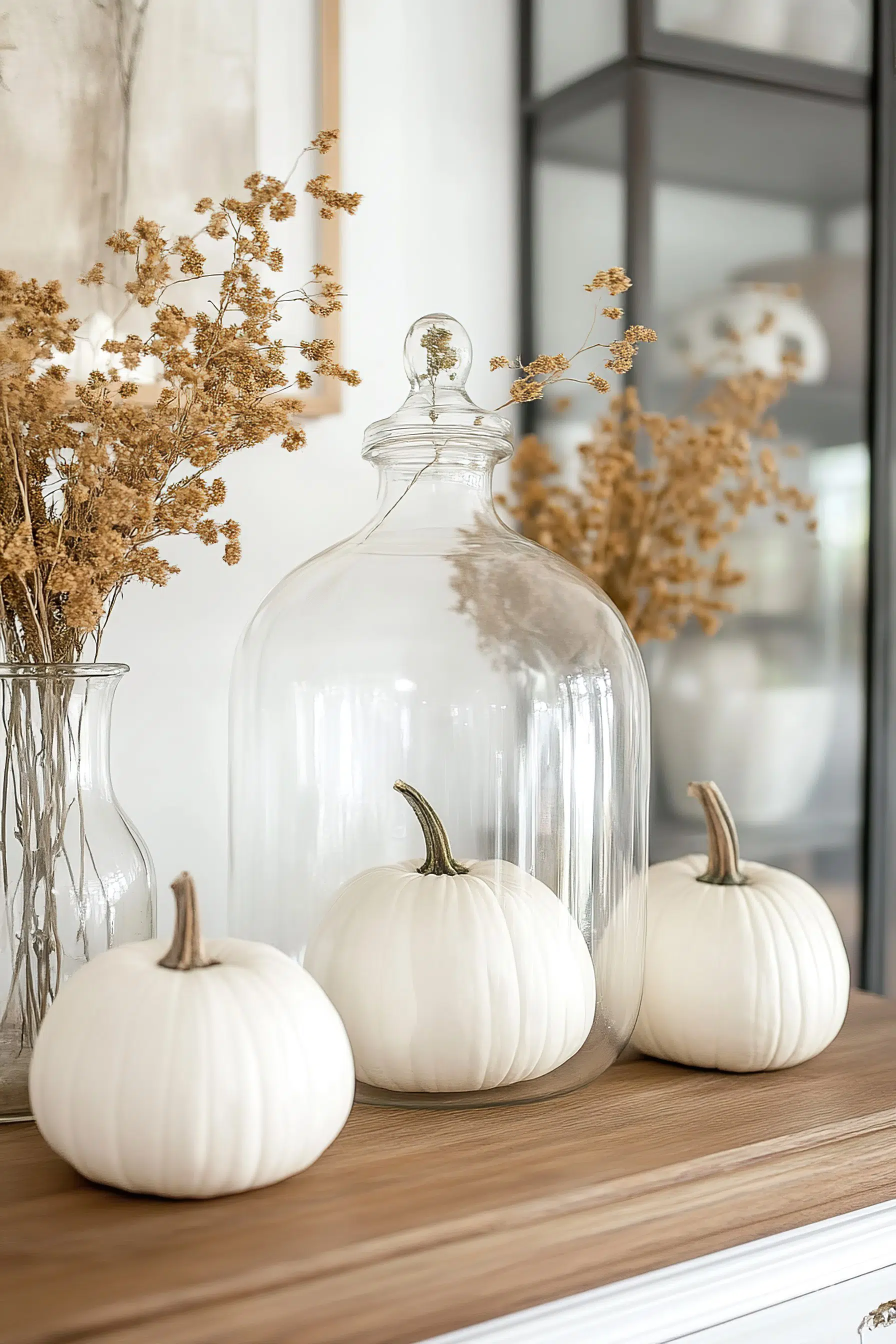 ALT: A decorative display featuring white pumpkins and dried flowers beside a large glass cloche on a wooden surface, suggesting a fall theme.