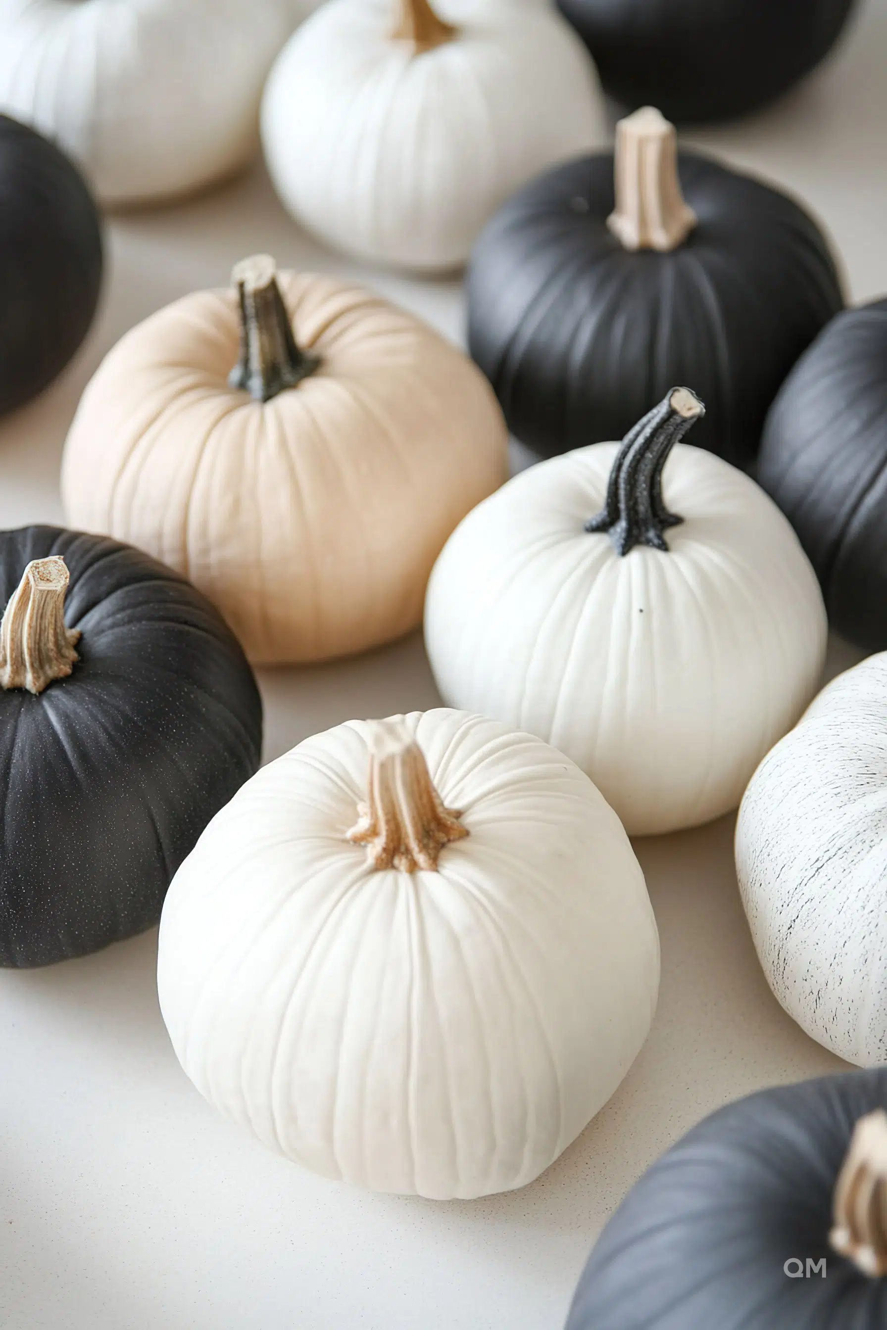 A collection of painted pumpkins in shades of black, white, and cream, arranged on a light surface.