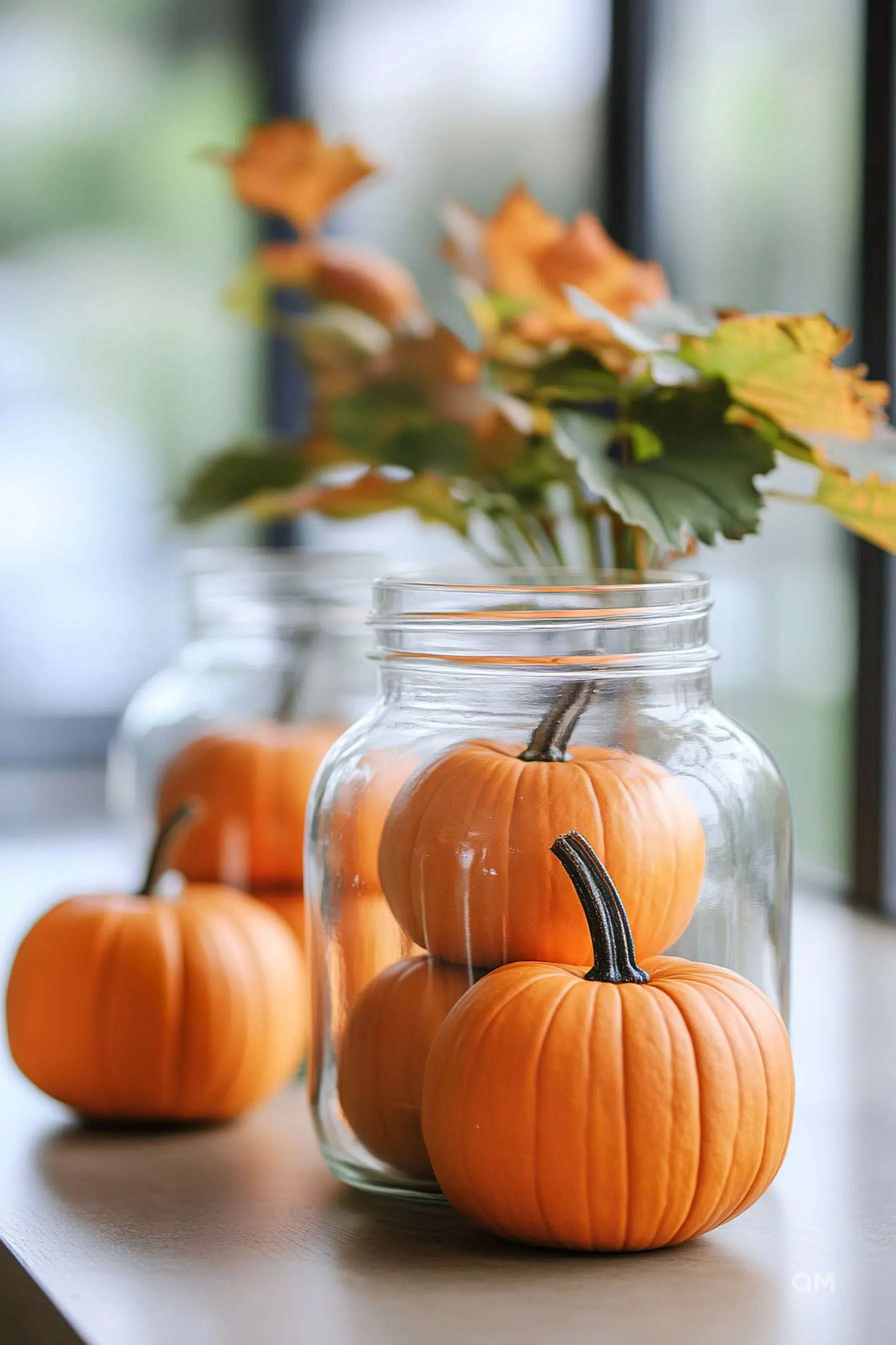 Alt text: Small pumpkins displayed inside clear glass jars on a wooden surface, with soft-focus autumn leaves in the background.