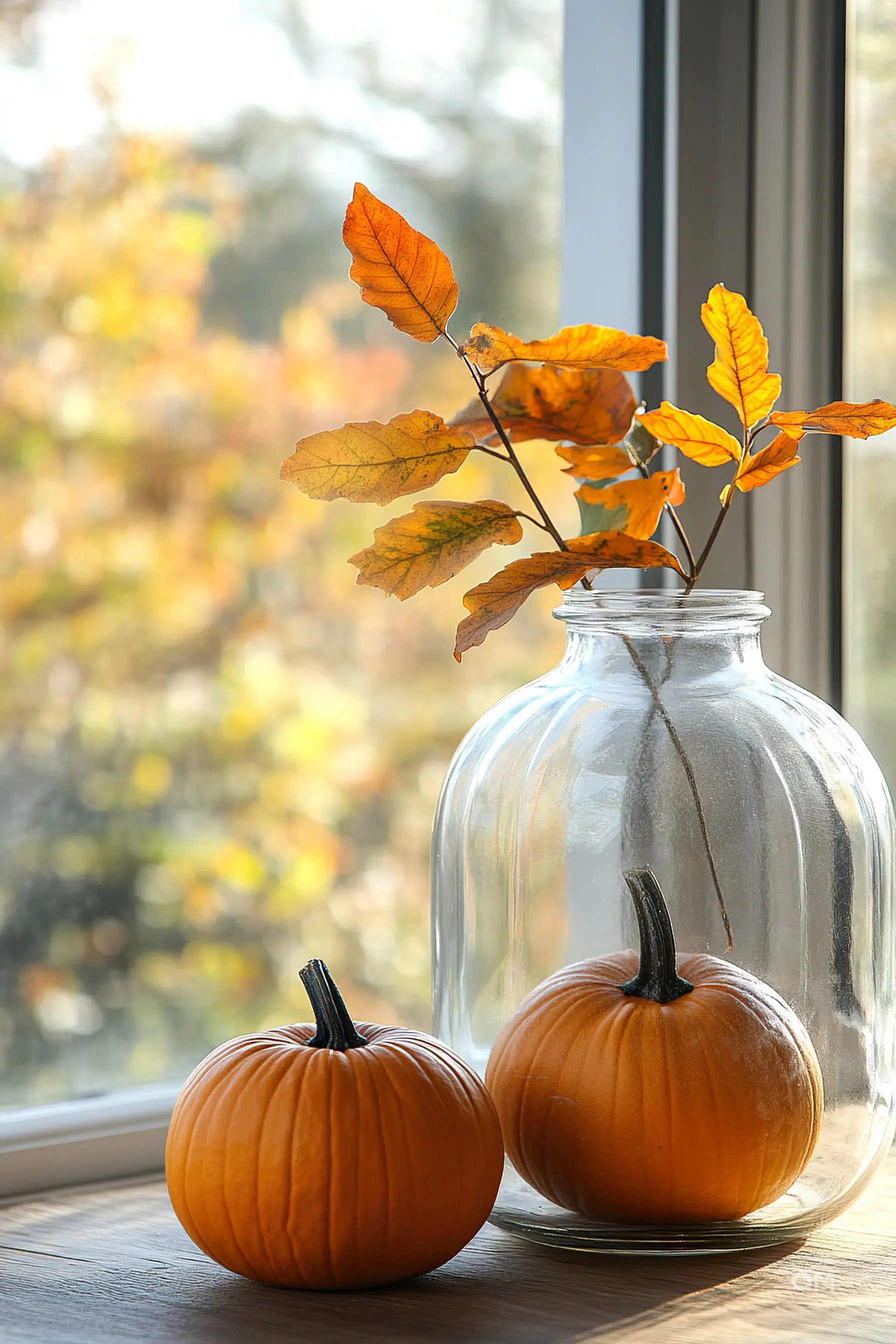 Two pumpkins next to a glass jar with autumn leaves on a windowsill, backlit by soft sunlight.