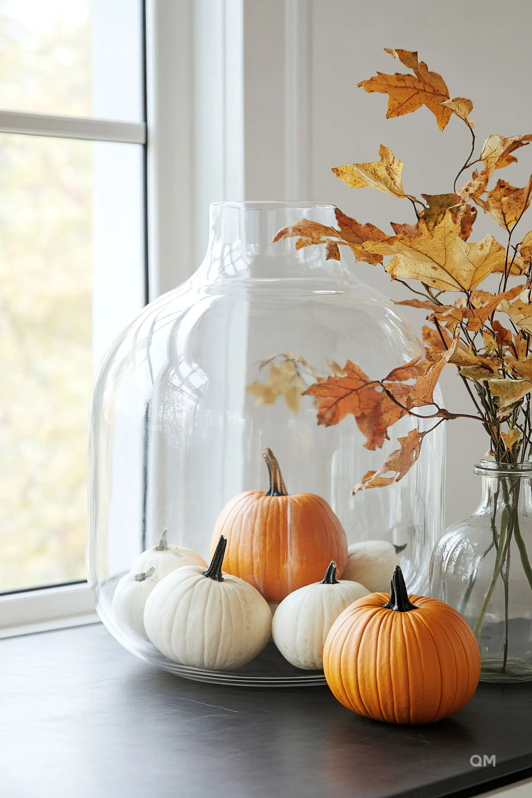 Alt text: An autumnal display featuring orange and white pumpkins under a large glass cloche next to a vase with dried maple leaves.