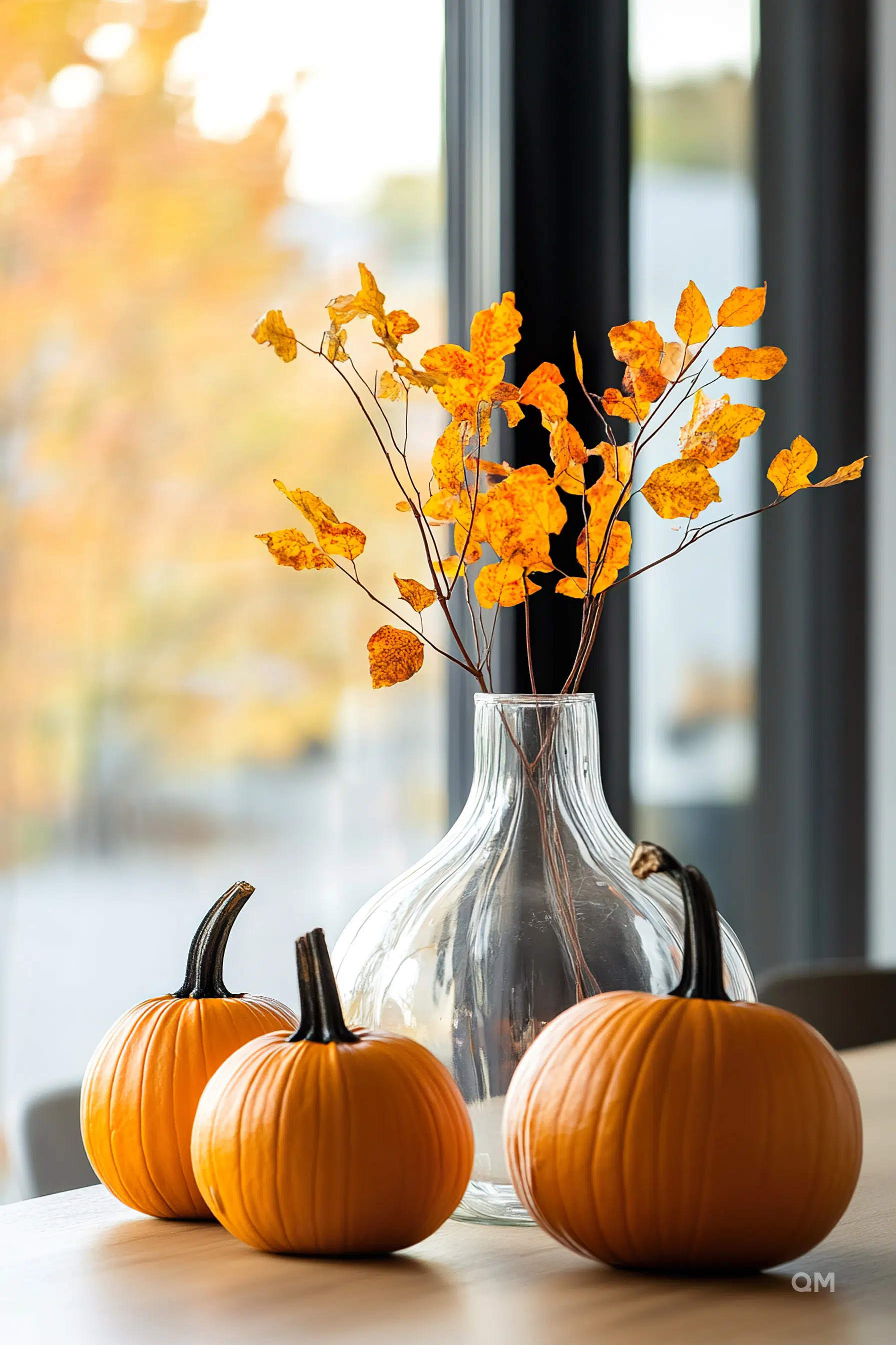 A glass vase with orange autumn leaves on a wooden table accompanied by two decorative pumpkins, with a blurred fall trees background.
