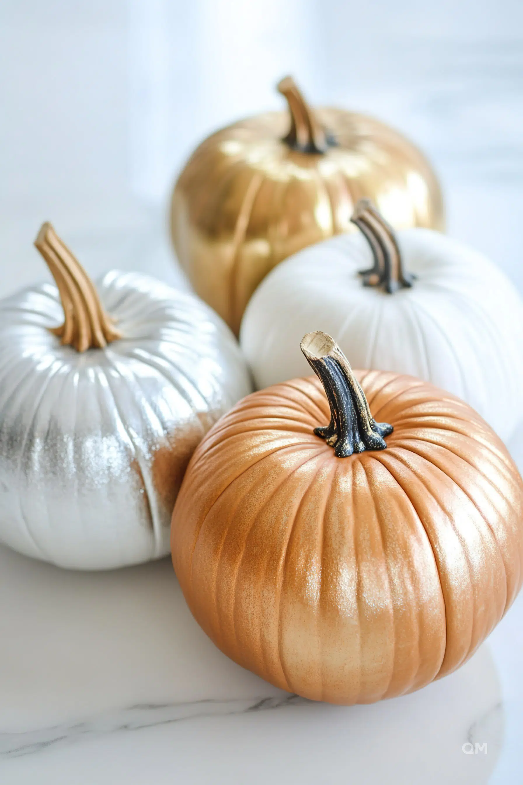 Three decorative pumpkins painted in metallic gold, silver, and copper colors arranged on a marble surface.