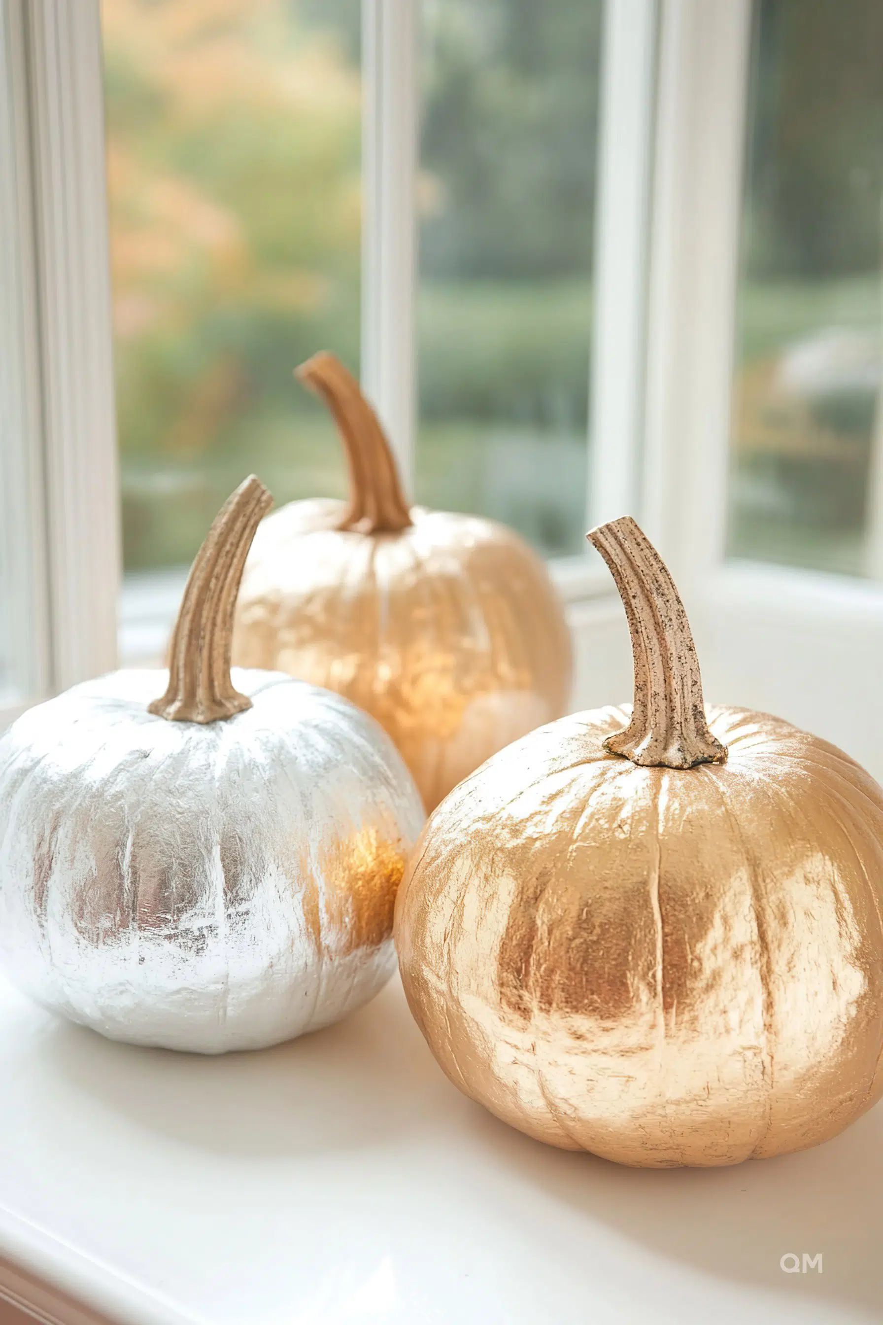 Three decorative pumpkins painted in silver and gold sitting on a windowsill with a blurred greenery background.