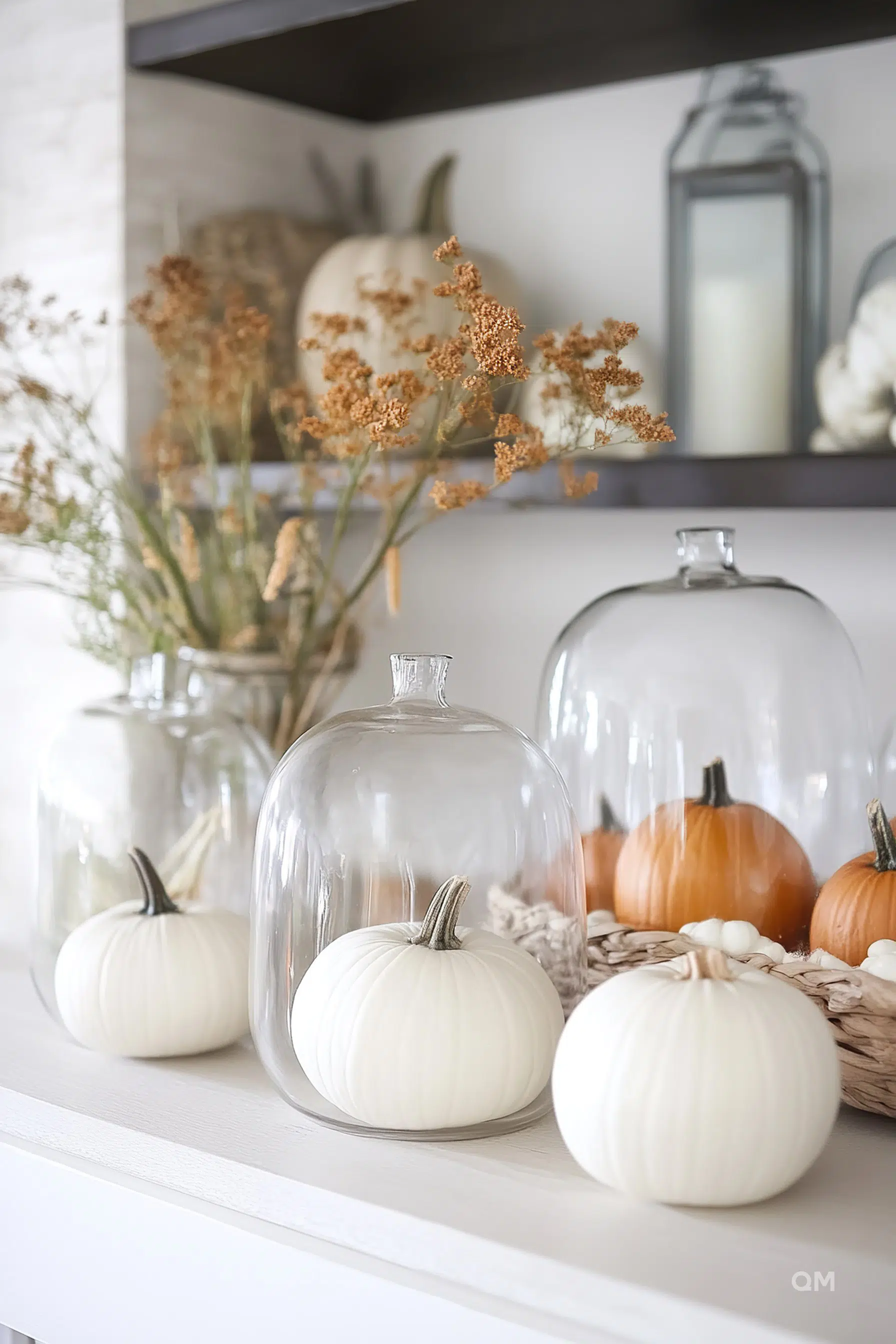 Elegant autumn decor with white and orange pumpkins under glass cloches and dried flowers on a mantelpiece.