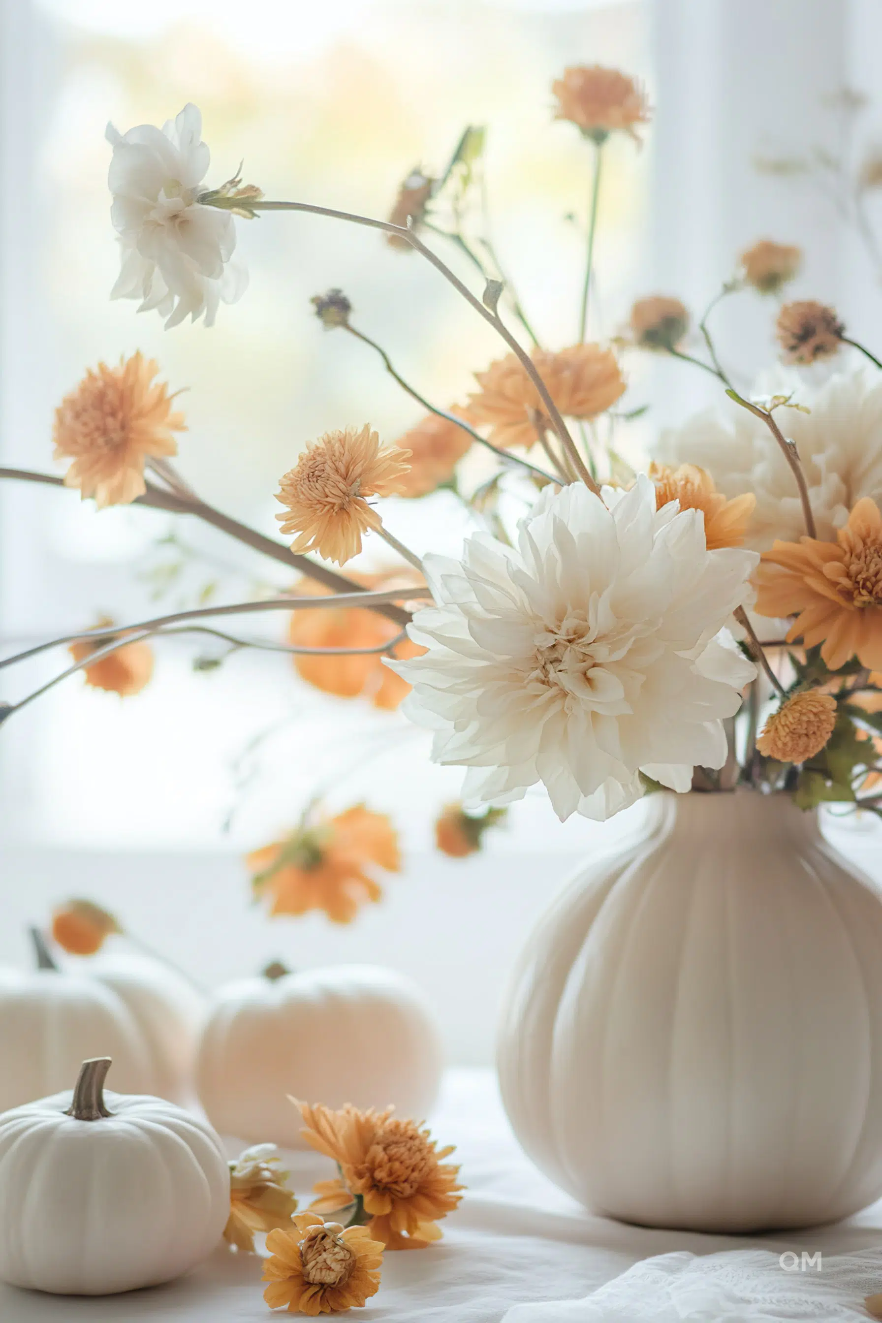 A serene display of white and peach flowers in a vase, with decorative white pumpkins on a light fabric surface.