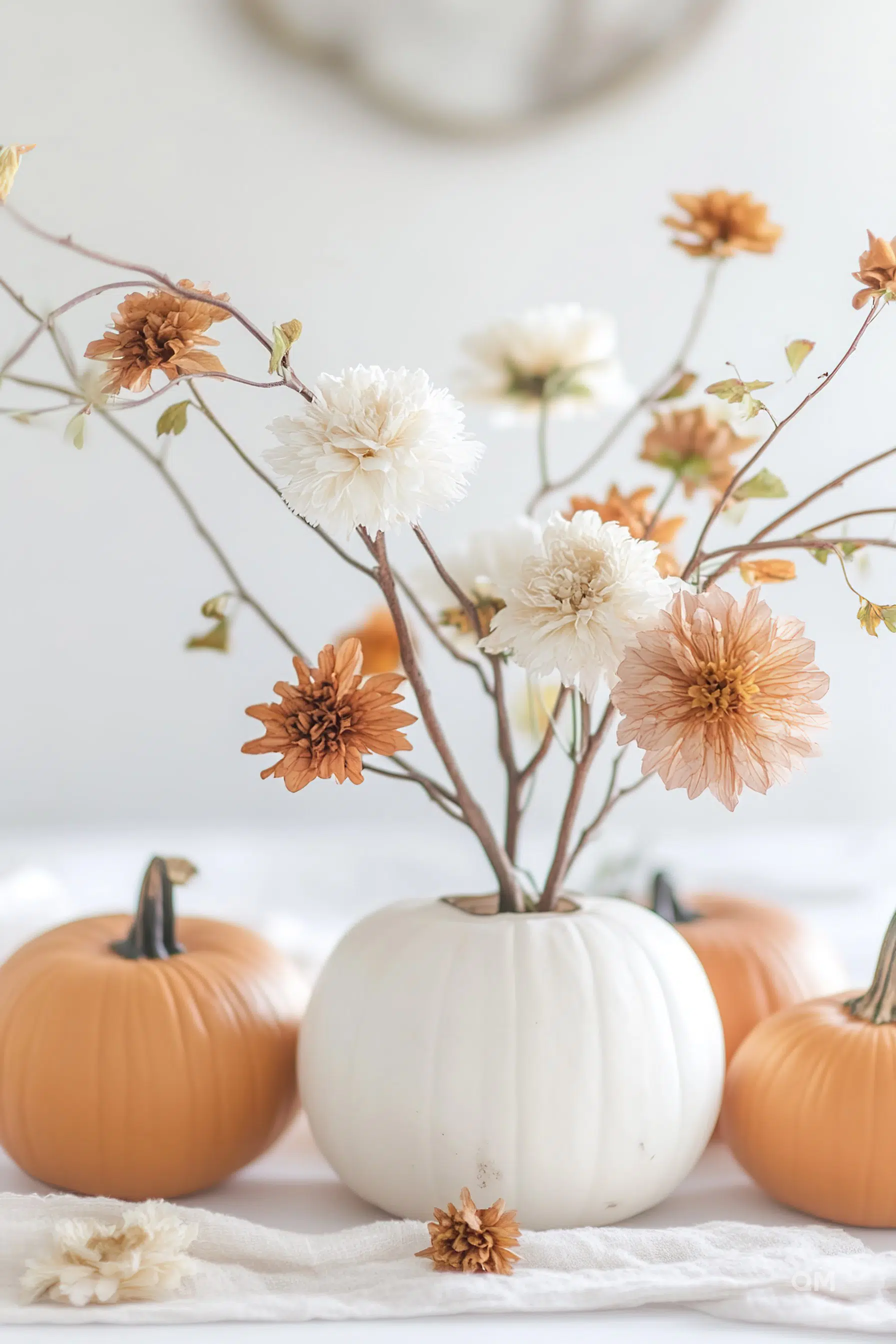 A white pumpkin vase with blooming flowers surrounded by orange pumpkins on a soft fabric surface.