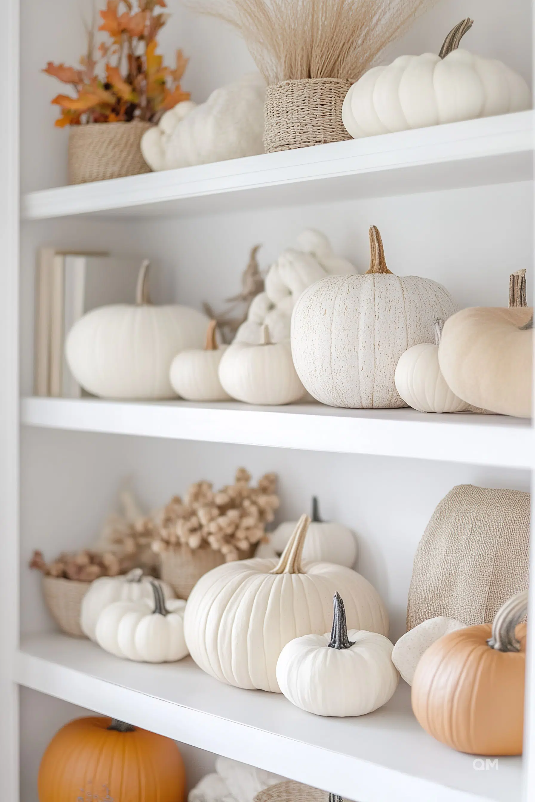 White shelves displaying a variety of decorative pumpkins in white and orange tones, some housed in baskets, creating a cozy autumn vibe.