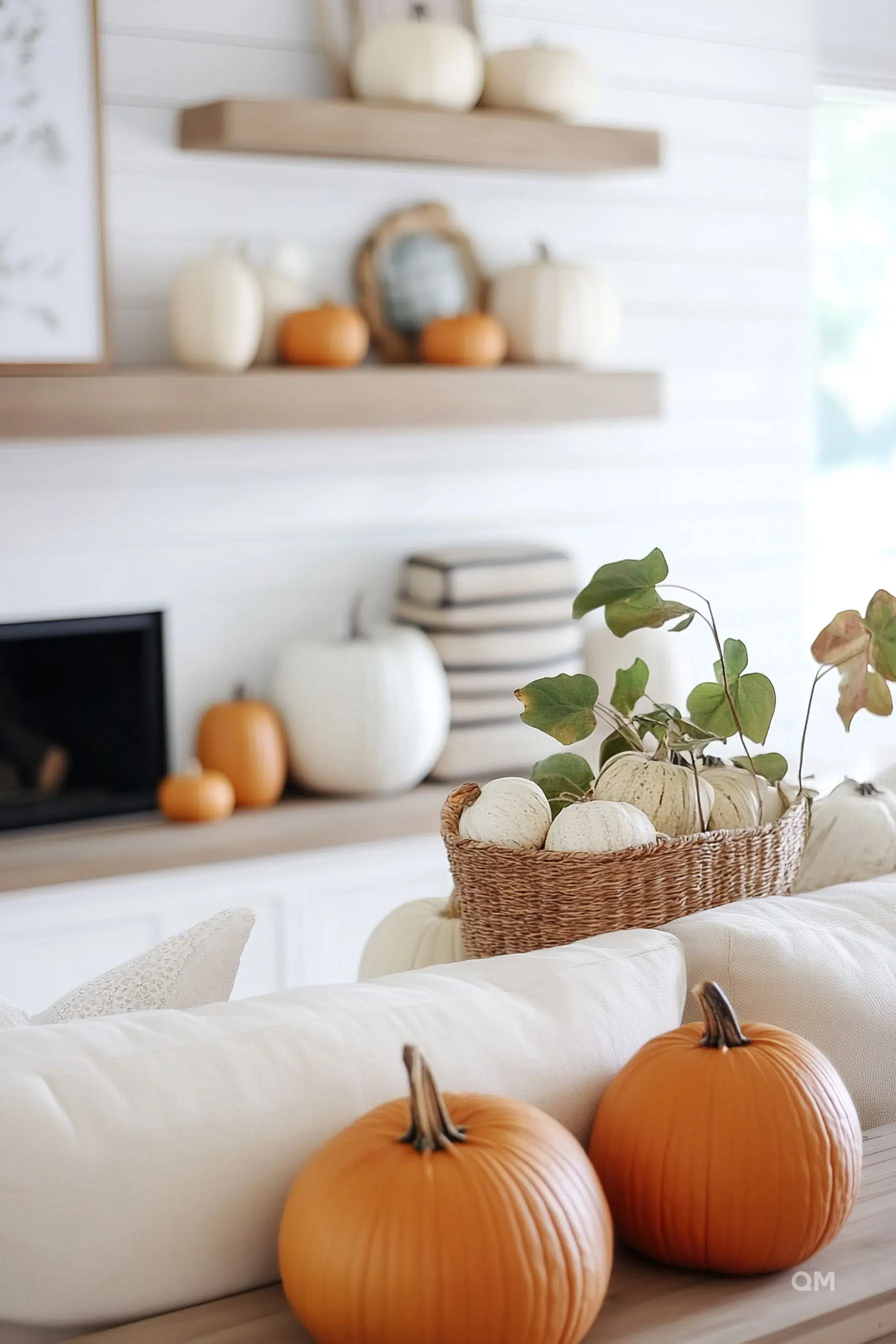 ALT text: A cozy living room decorated for autumn with a focus on a coffee table with orange pumpkins and a basket of white gourds, with a fireplace in the background.