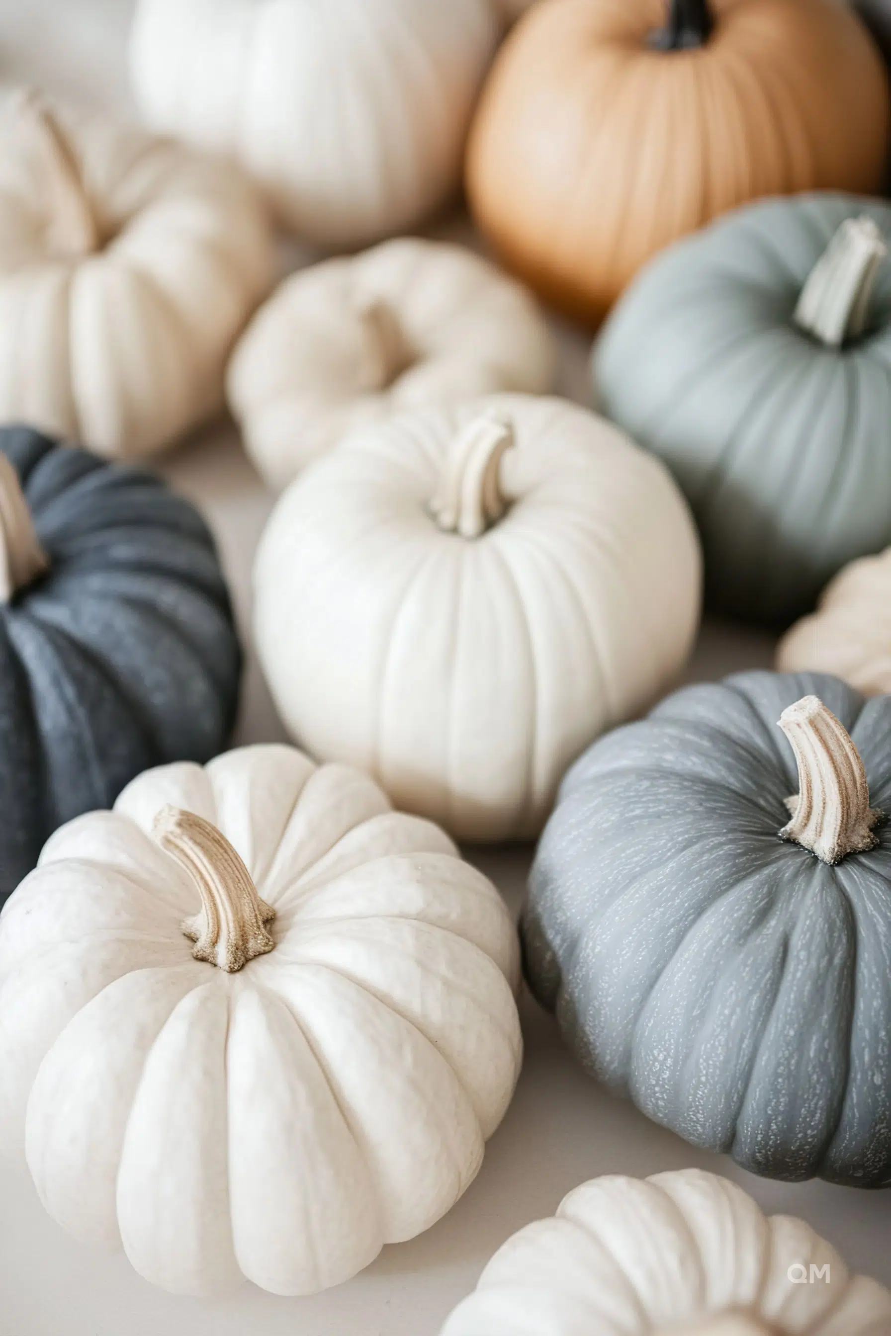 A variety of painted pumpkins in muted colors of white, gray, and beige, artistically arranged with shallow depth of field.