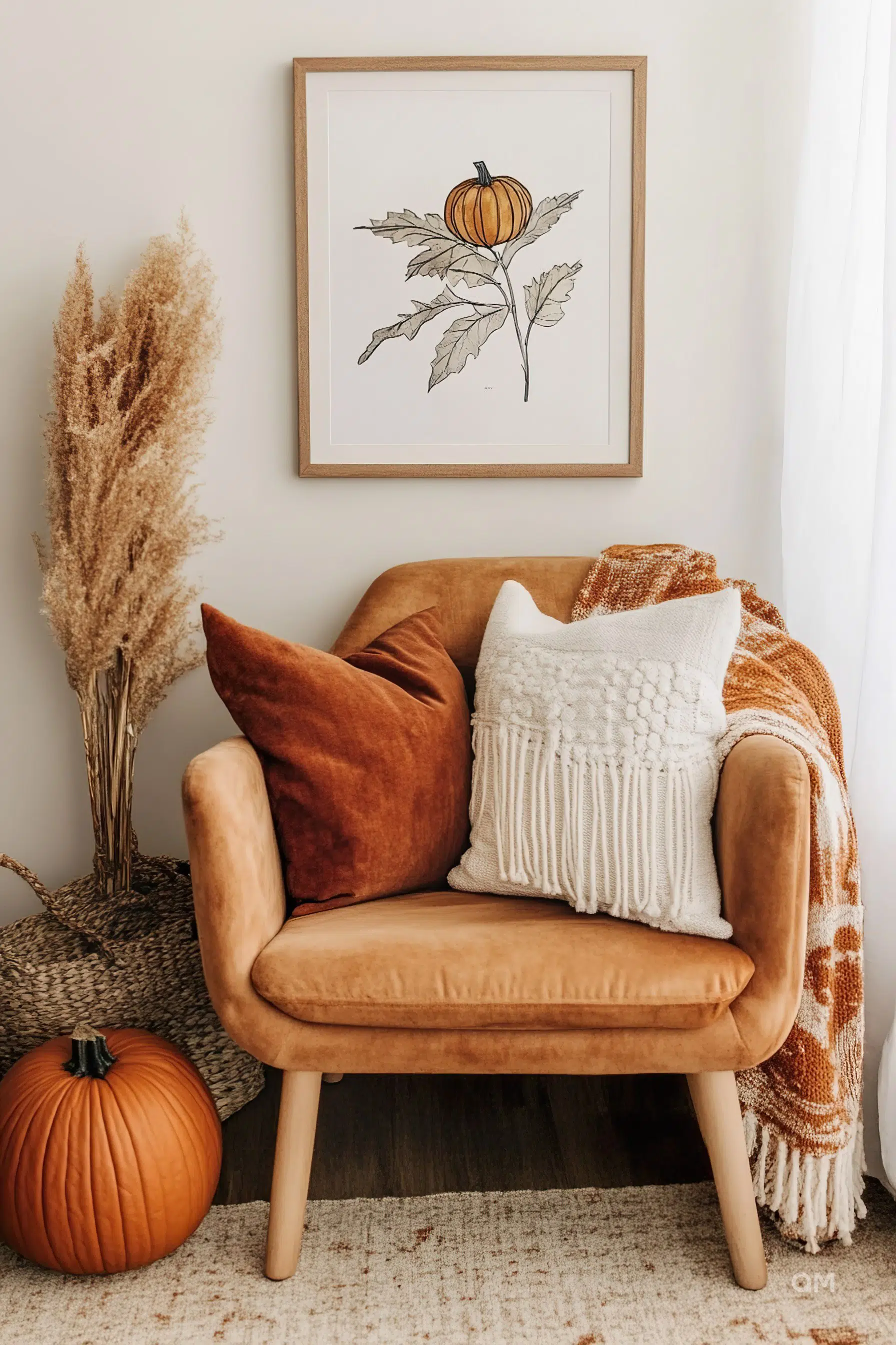 A cozy corner with a tan armchair, decorative cushions, a pumpkin on the floor, a framed pumpkin artwork, and tall pampas grass.