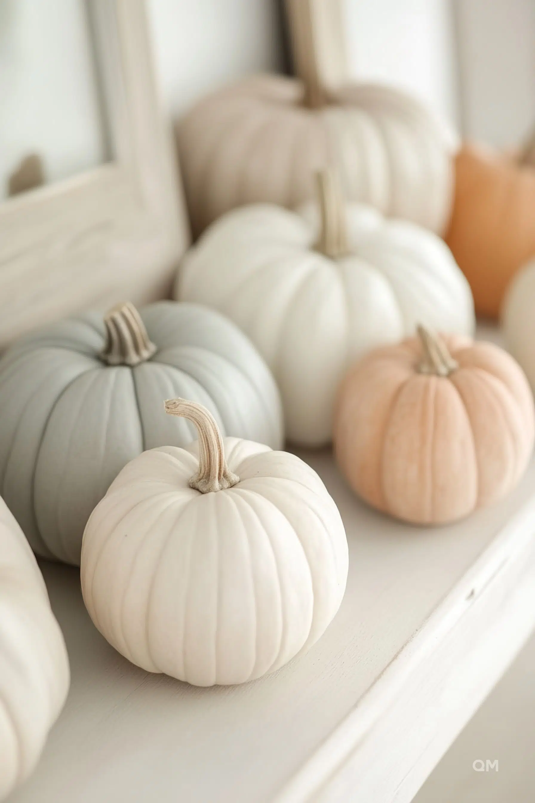 ALT Text: A collection of decorative pumpkins in muted white and pastel colors arranged on a wooden shelf.