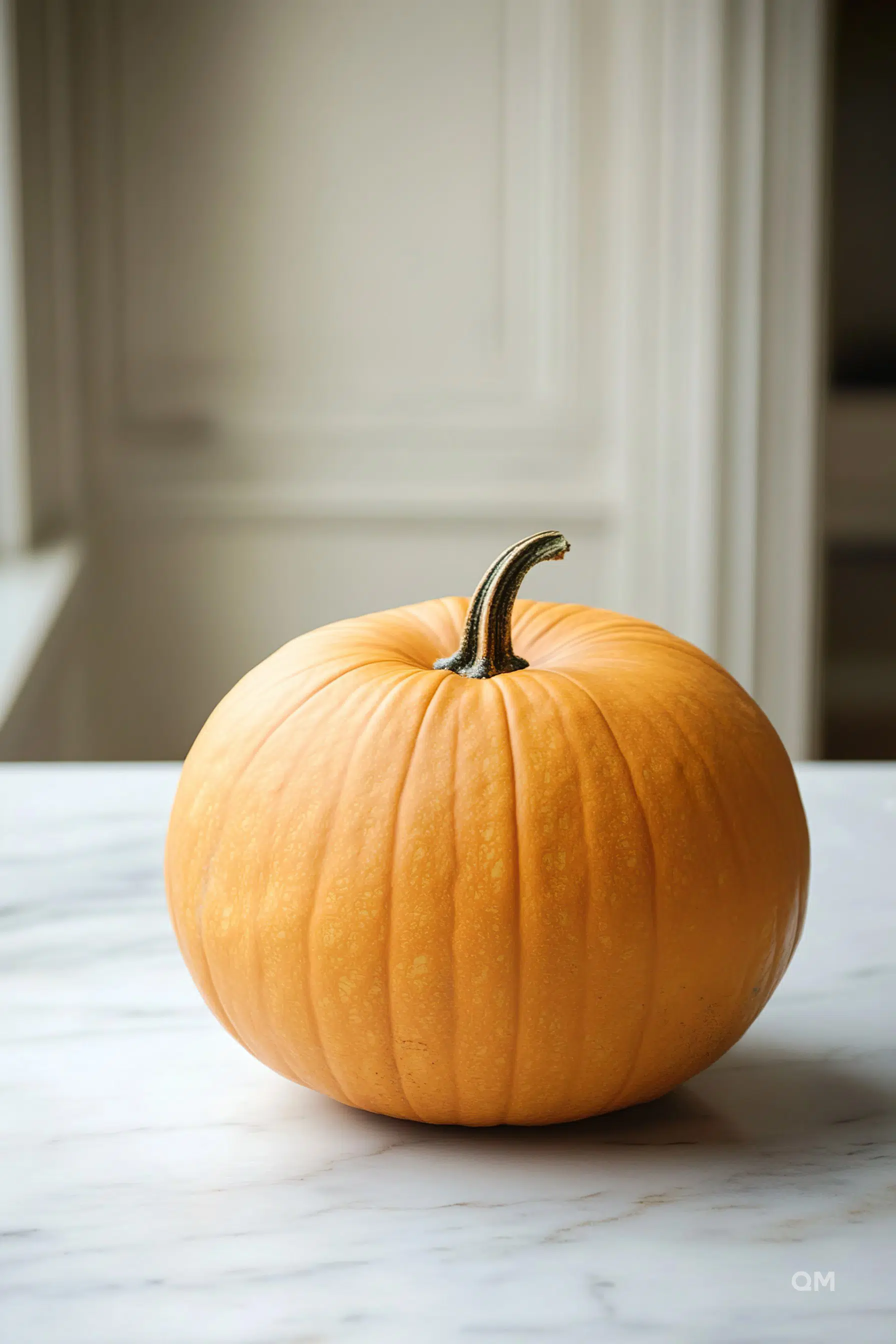 A large, ripe pumpkin with a prominently curved stem, sitting on a white marble surface against a neutral backdrop.