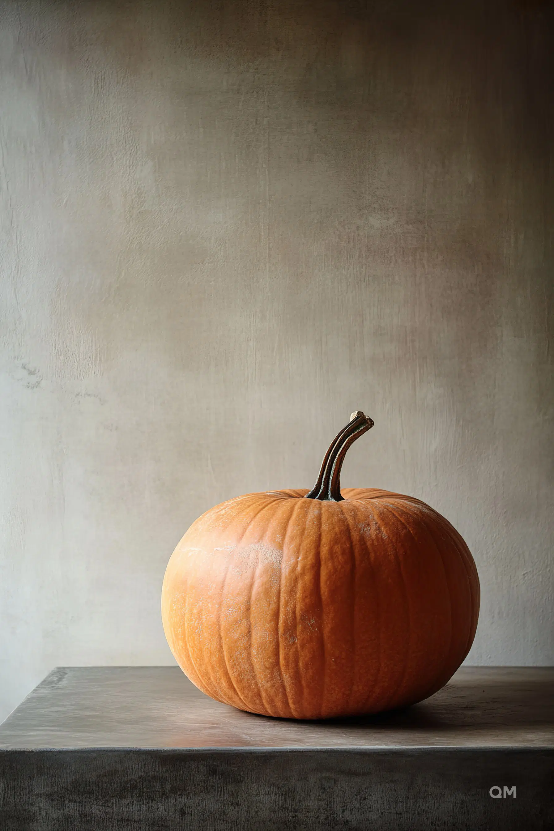 A single orange pumpkin with a curved stem sits on a gray table against a textured beige wall.