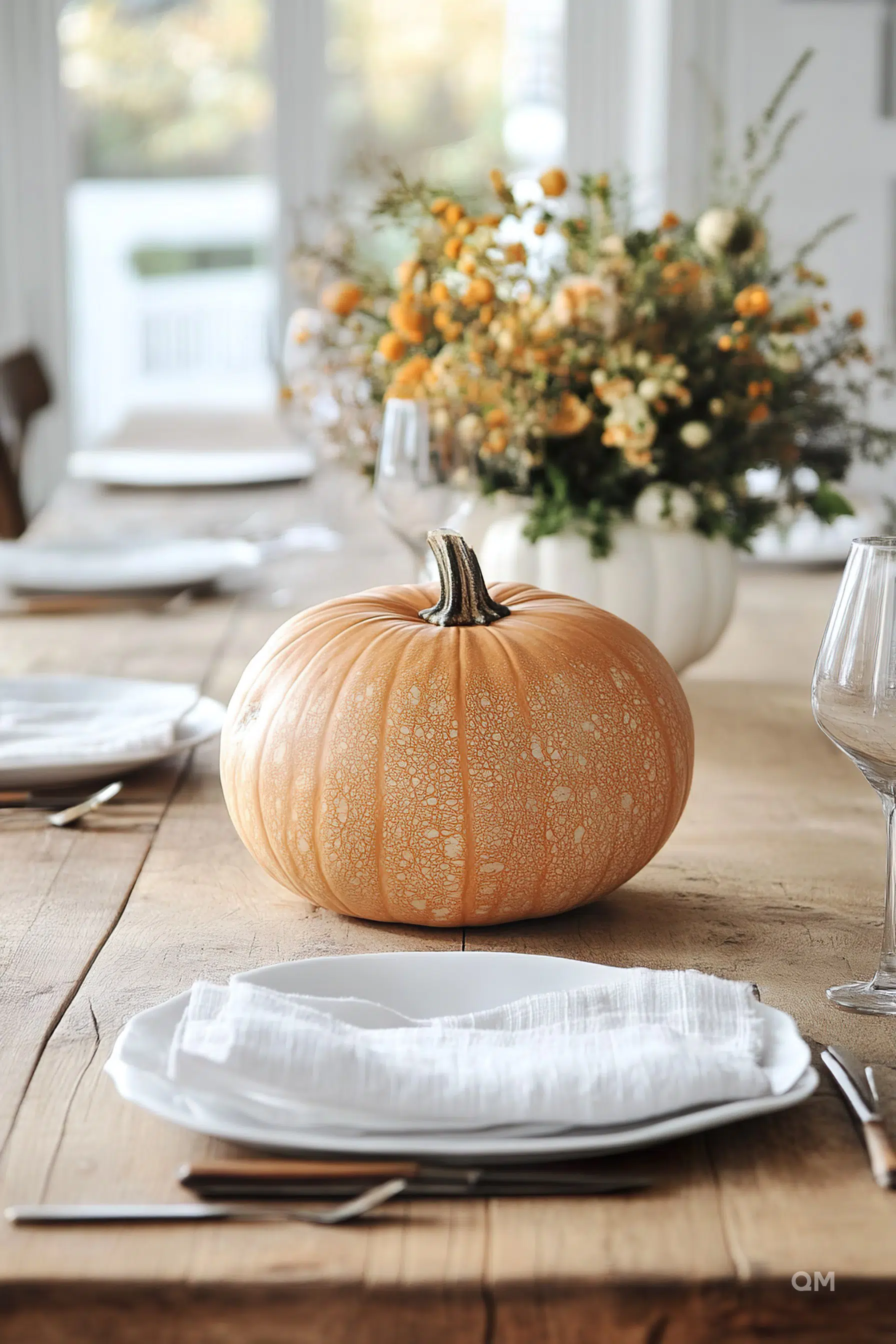 ALT: An autumnal table setting with a large pumpkin centerpiece, white plates, linen napkin, and wine glasses on a wooden table, with a floral arrangement in the background.