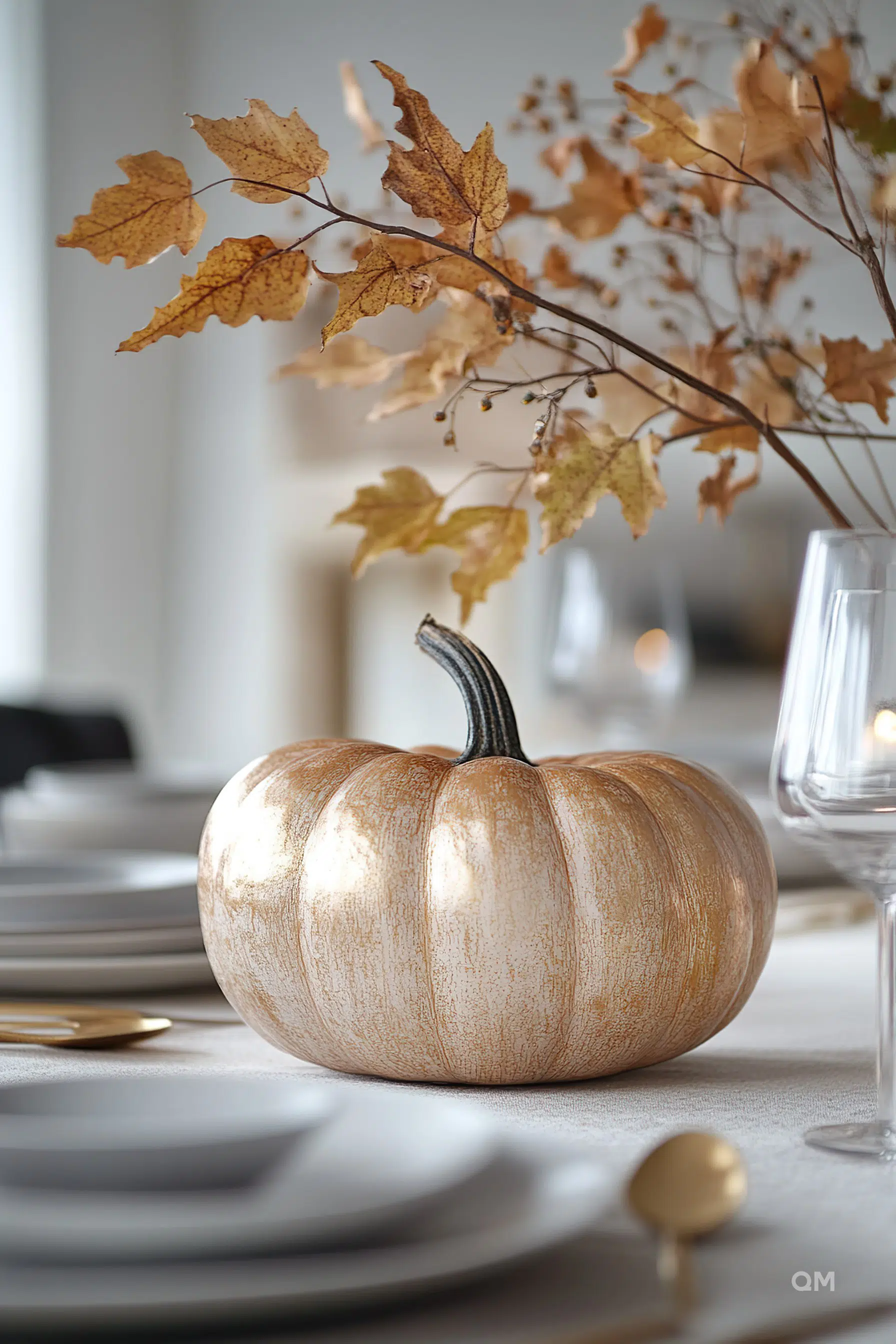 Elegant dining table setting featuring a golden pumpkin centerpiece with autumn leaves and fine tableware in a soft-lit room.