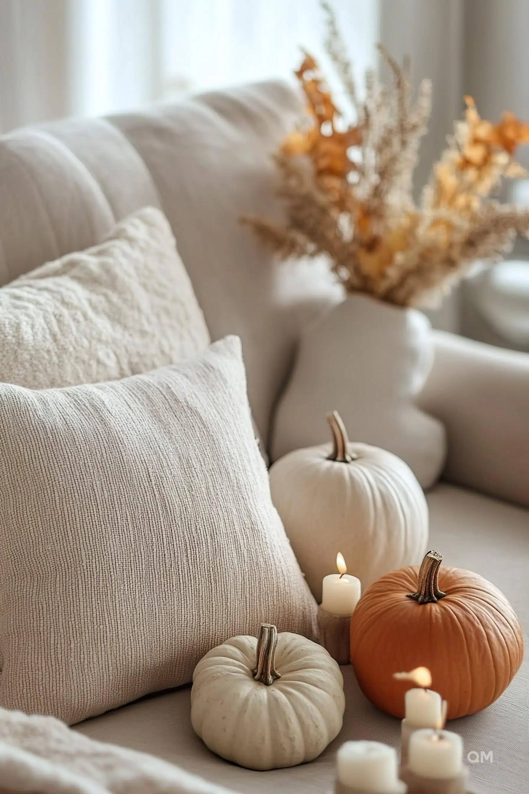 A cozy autumn-themed setup with decorative pumpkins, candles, and textured pillows on a sofa, creating a warm and inviting atmosphere.
