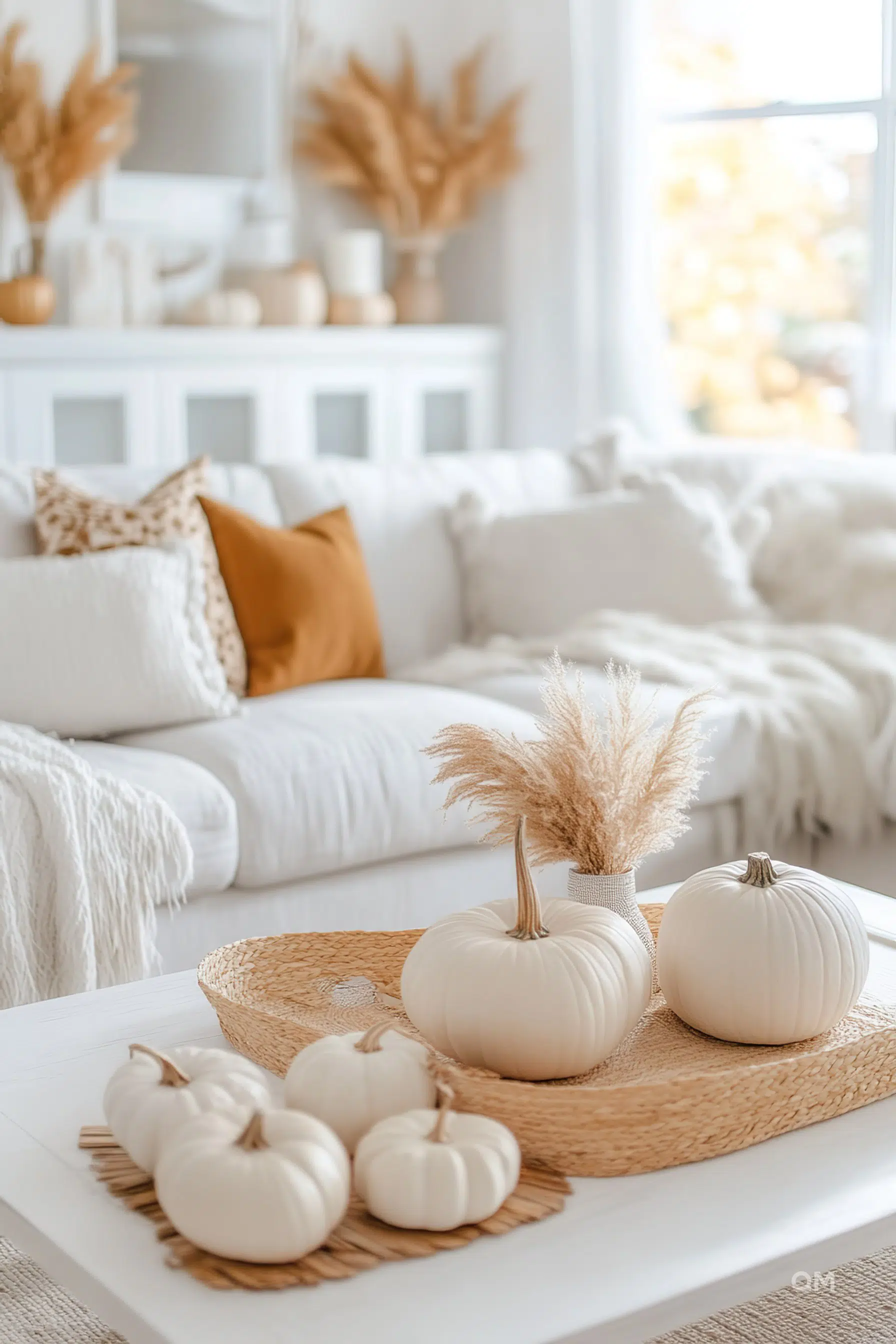 A cozy autumn-themed living room with white pumpkins on a woven tray, fluffy pampas grass, and a white sofa with mustard accent pillows.