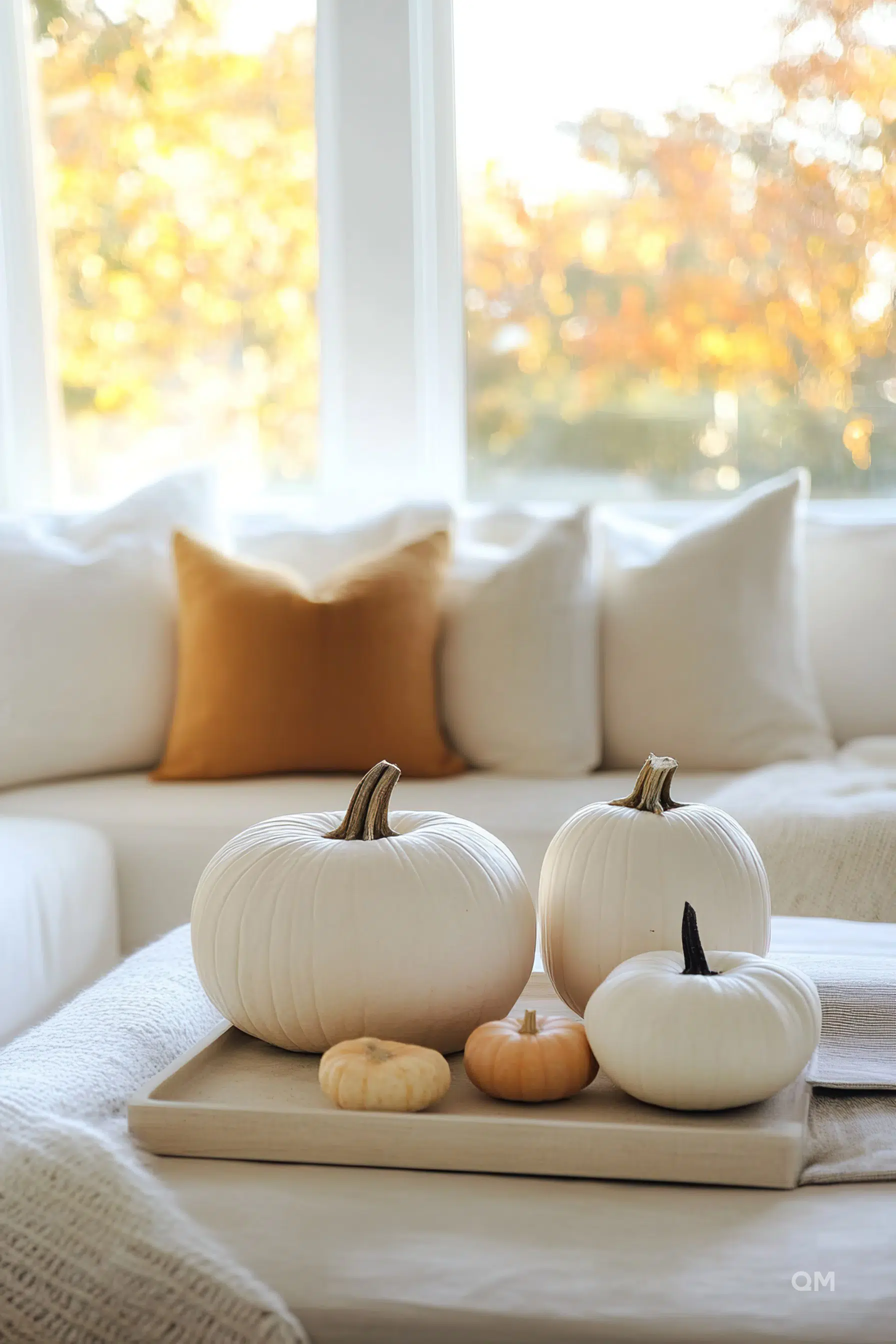 A cozy autumn setting with white pumpkins of varying sizes placed on a tray atop a soft blanket, with a golden-hued tree visible outside the window.