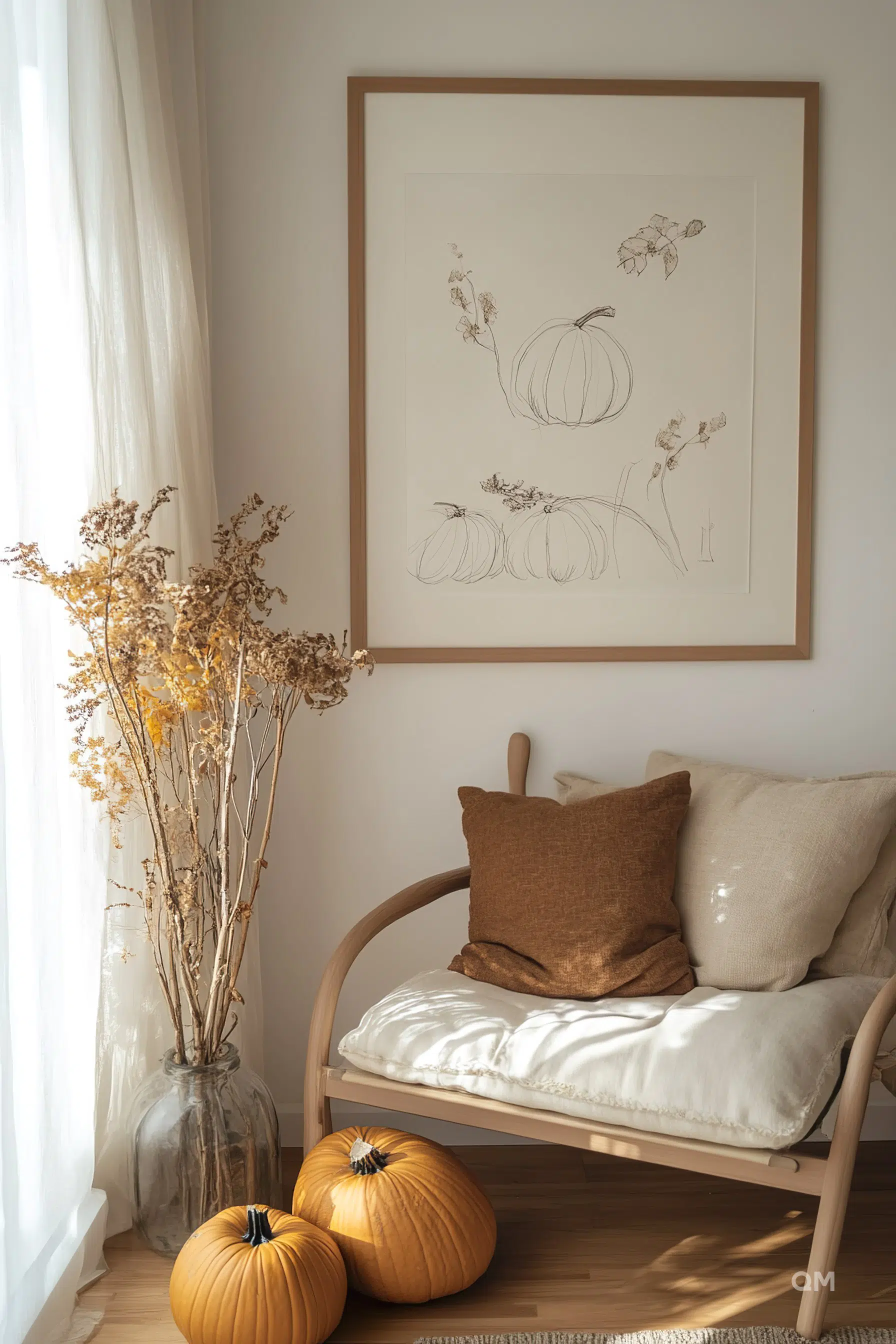 ALT: Cozy corner with a wooden armchair, decorative pumpkins on the floor, dried flowers in a vase, and a framed botanical pumpkin print on the wall.
