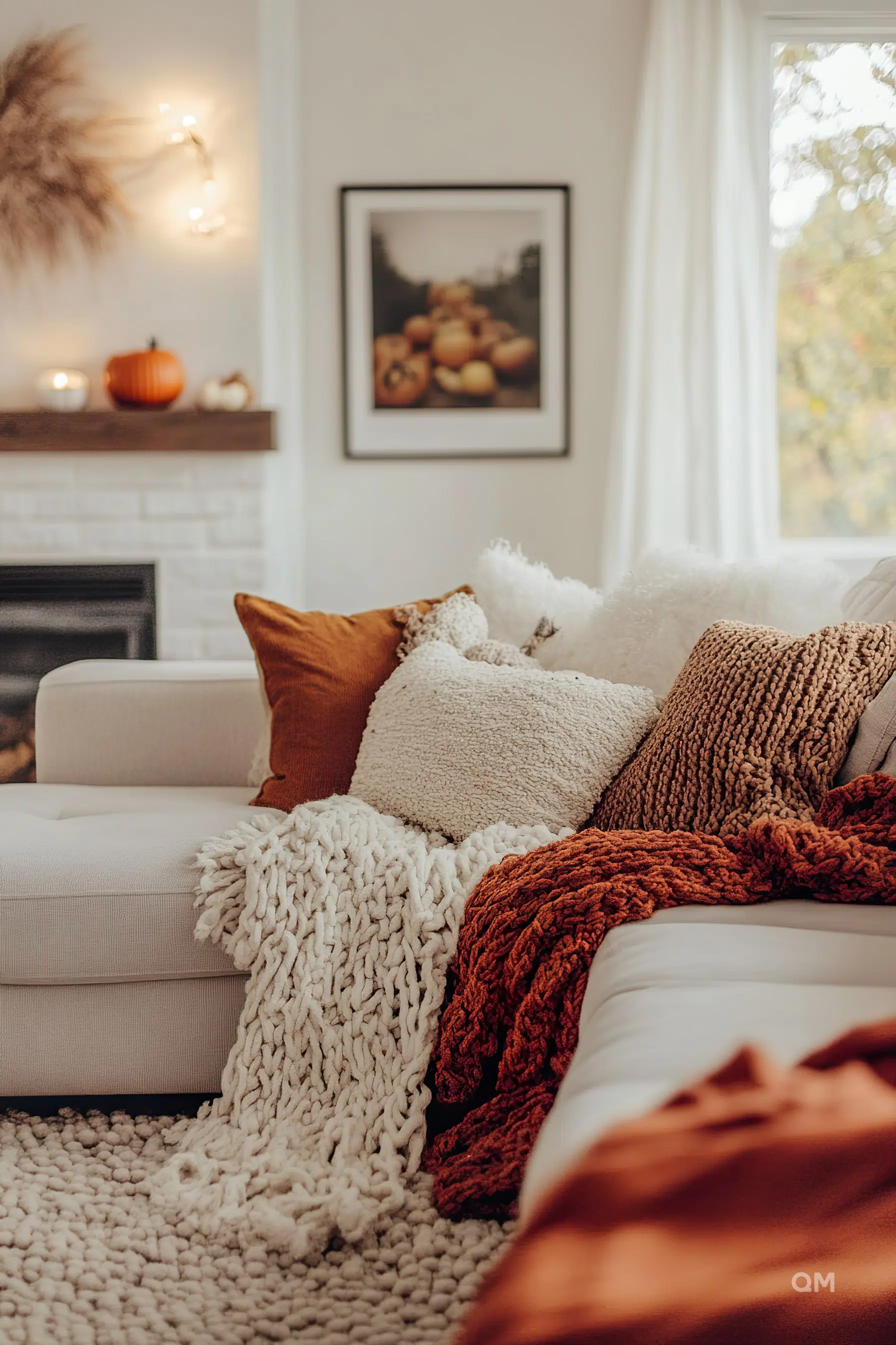 Cozy living room corner with a white sofa, textured pillows, a knitted throw blanket, and autumnal decorations on the fireplace mantle.
