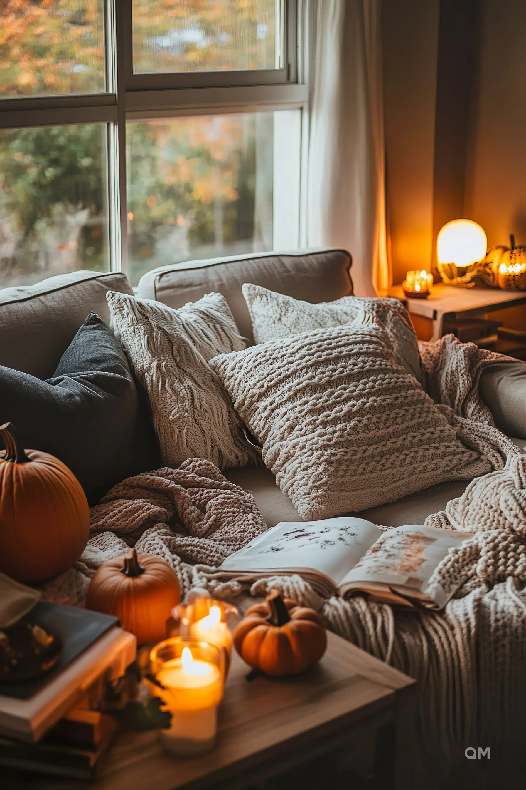A cozy autumn-themed reading nook with pillows, knit blankets, pumpkins, candles, and an open book on a couch.