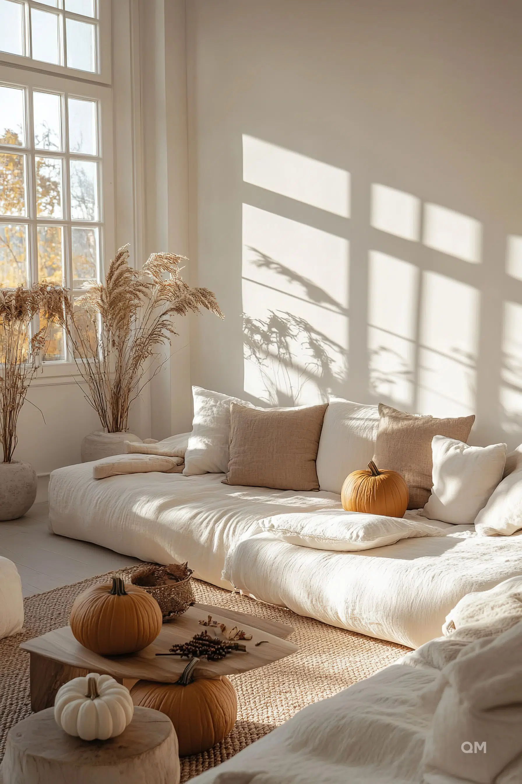 Cozy autumn-themed living room bathed in sunlight with pumpkins on tables, dried plants, and plush white sofas.