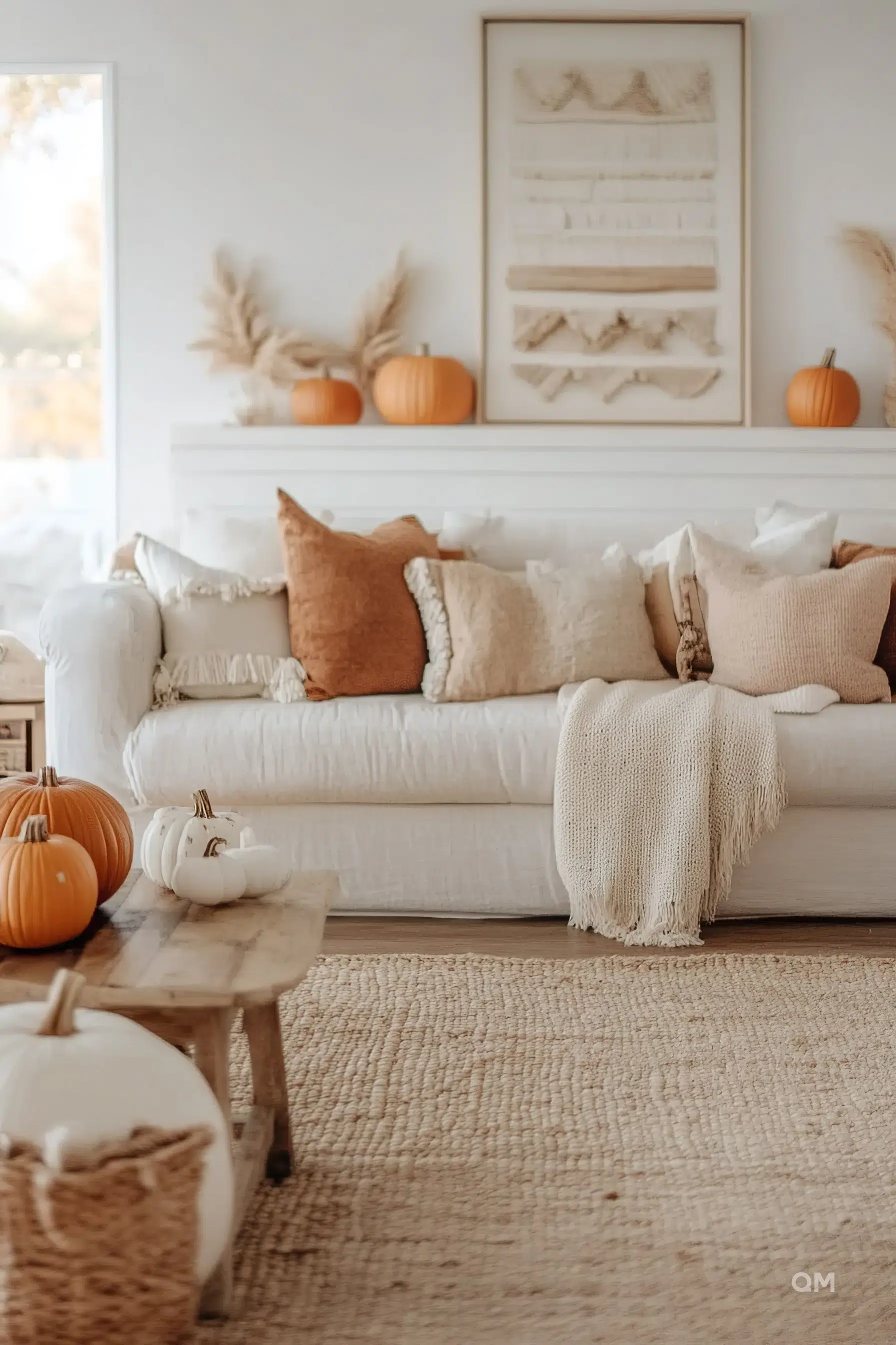 A cozy living room decorated for autumn with pumpkins, a cream sofa with throw pillows, a knit blanket, and a rustic wooden stool.