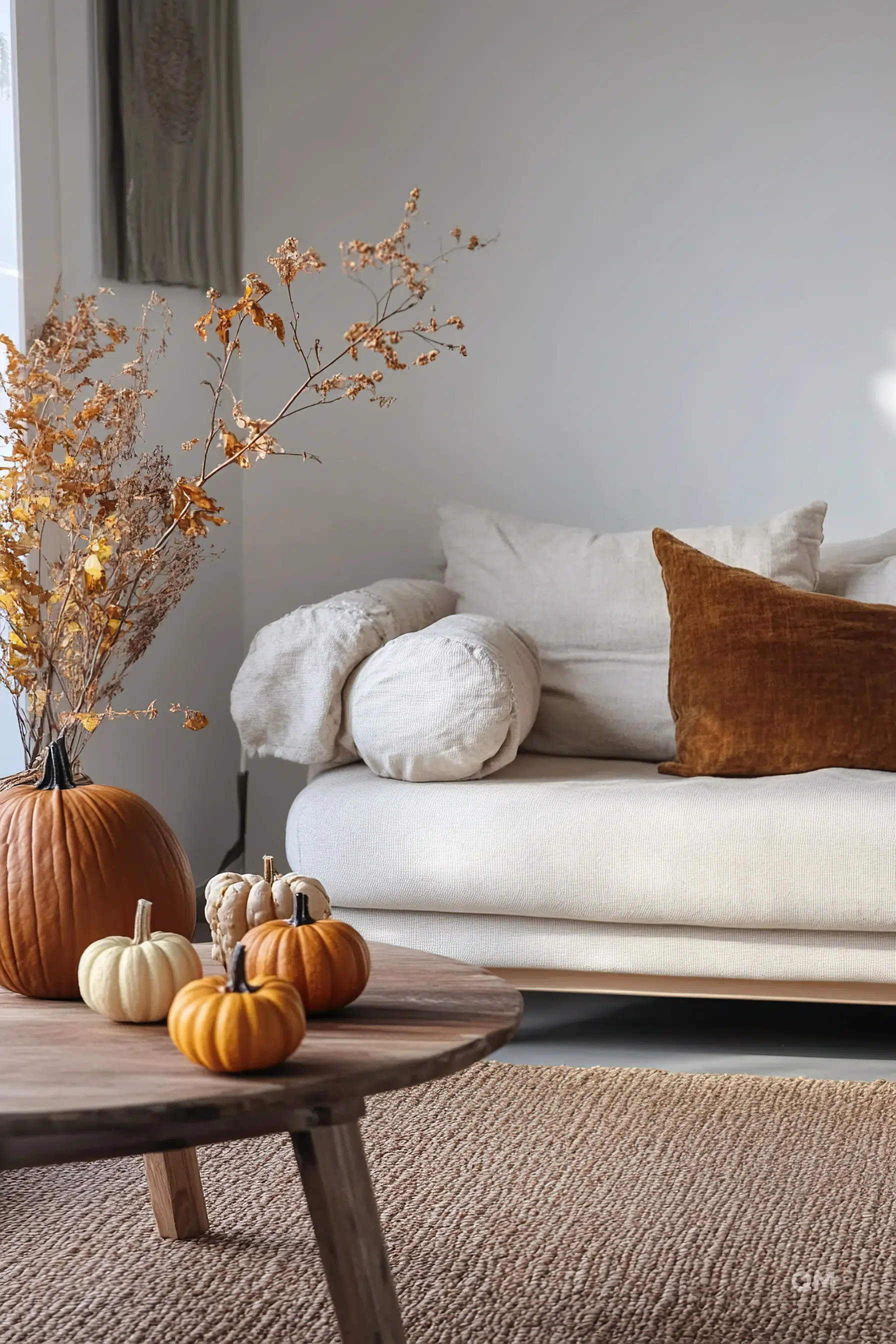 A cozy living room corner with a beige sofa adorned with pillows, a wooden table with small pumpkins, and a vase with dried autumn branches.