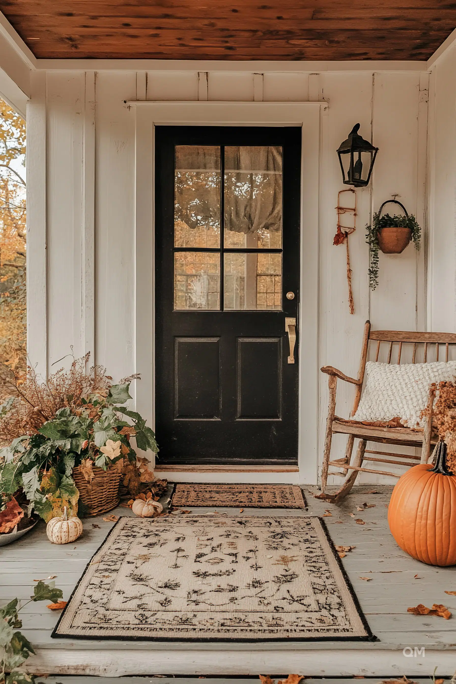Cozy autumn-themed porch with a black door, a rocking chair, pumpkins, plants, and decorative rug.