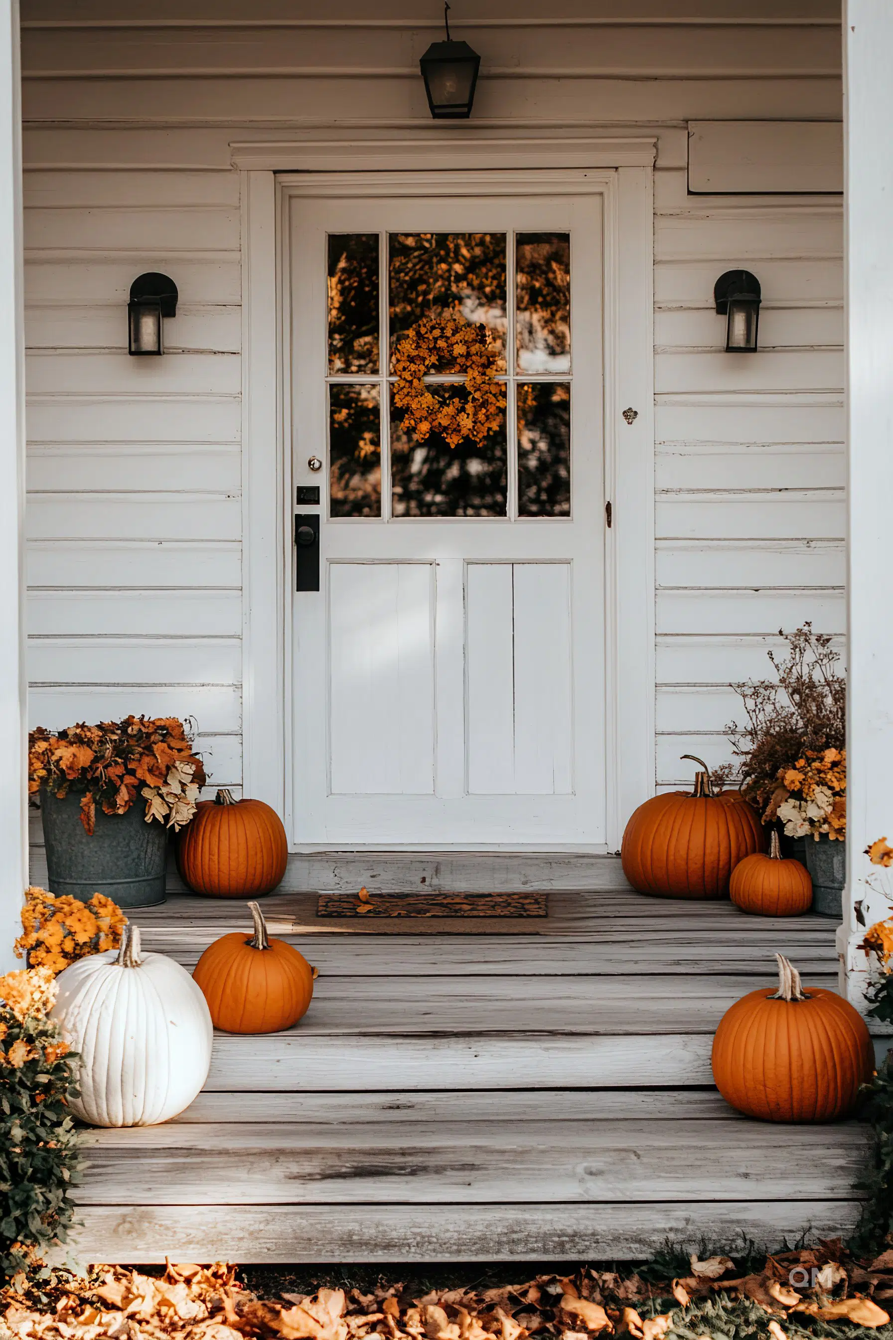 A cozy front porch decorated with orange and white pumpkins and autumn leaves reflecting the fall season.