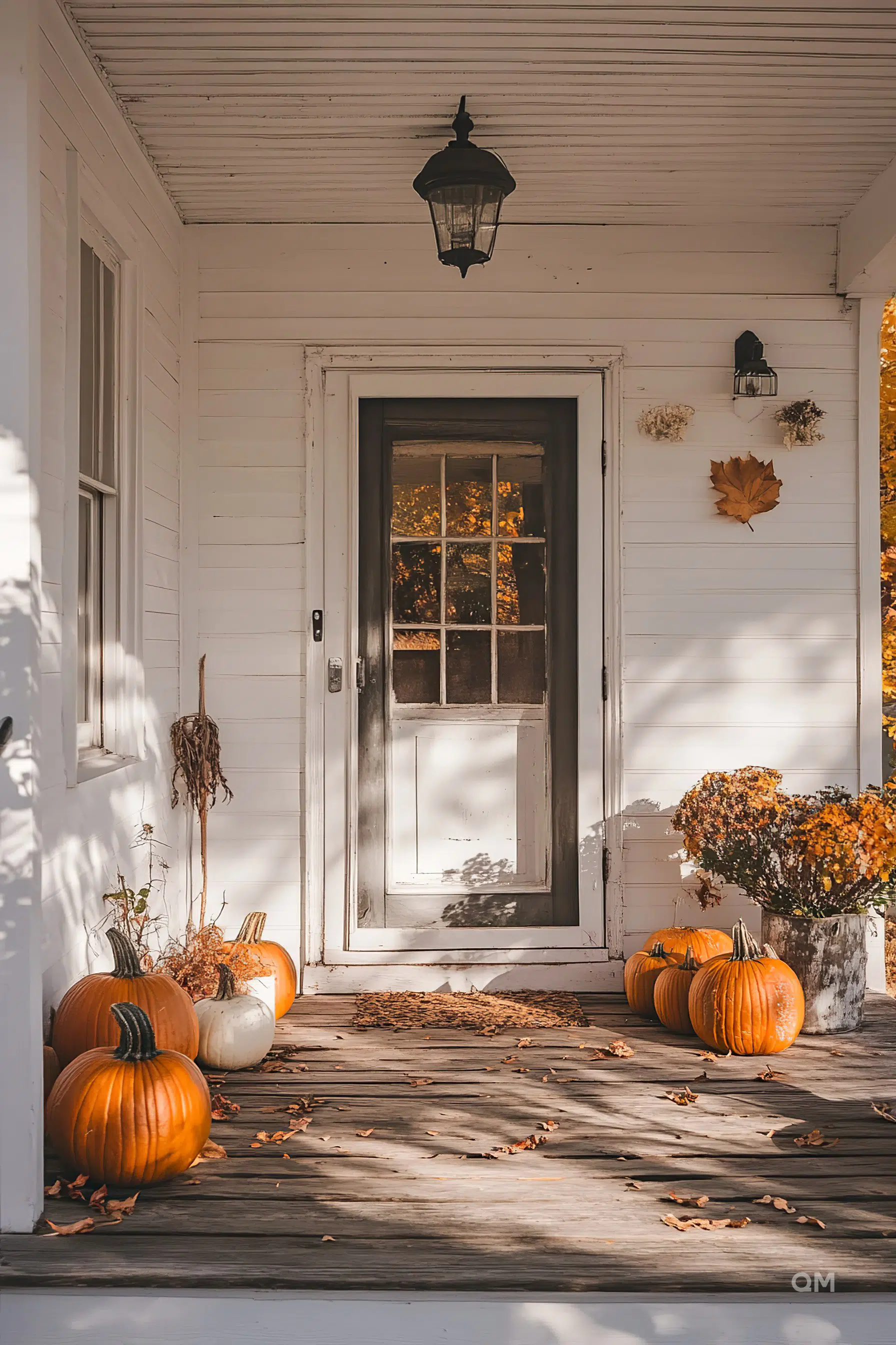 A cozy autumn porch with pumpkins and mums, casting shadows in the warm sunlight.