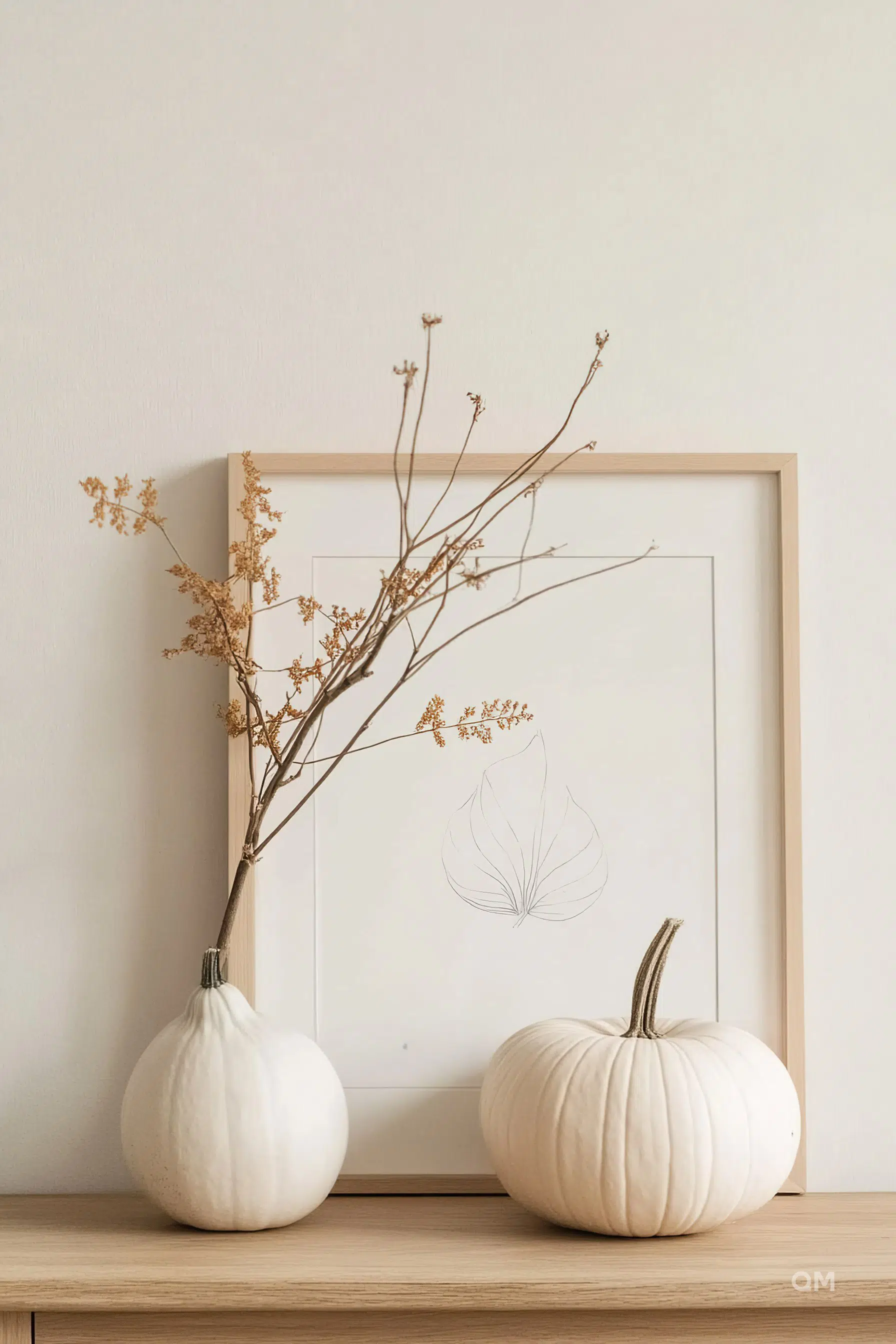Minimalist home decor with dried branches in a vase, two white pumpkins and a framed botanical illustration on a wooden shelf.