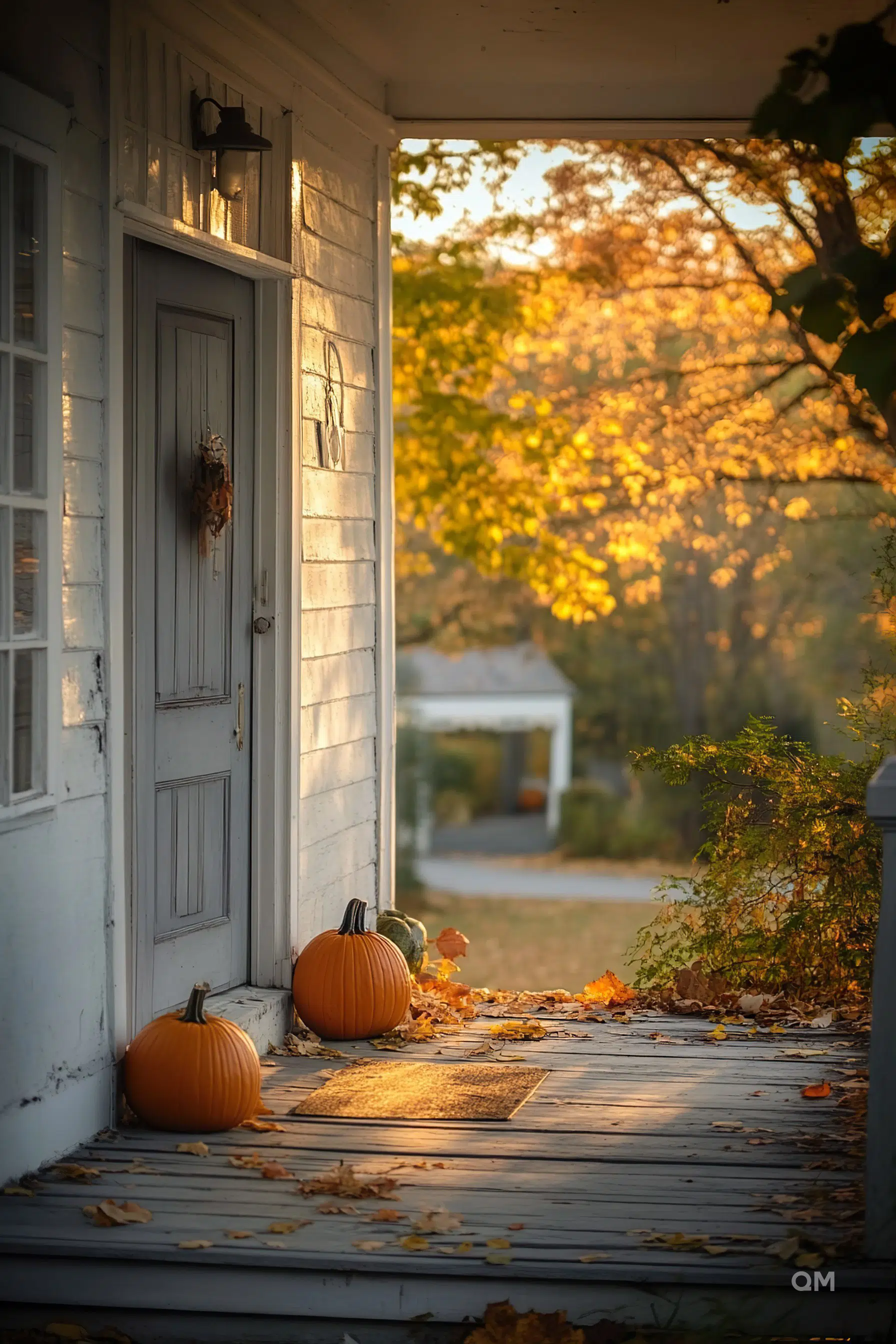 A cozy autumn porch with pumpkins and fallen leaves, bathed in the warm glow of evening light.