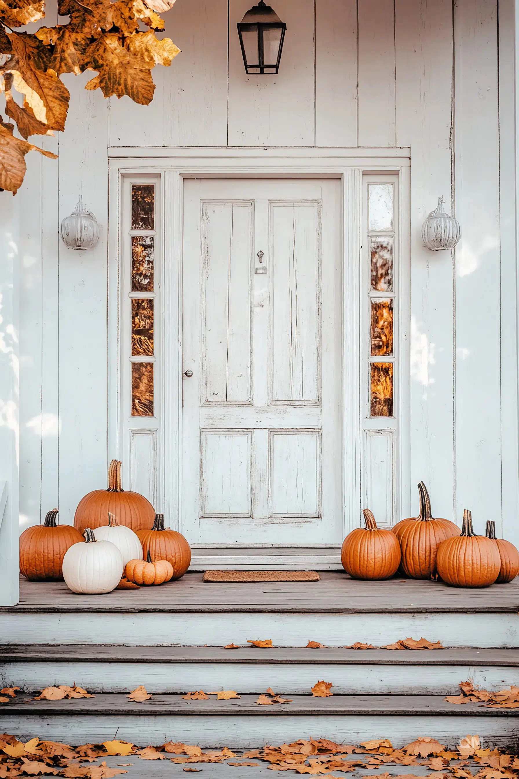 White front door of a house adorned with pumpkins and fall leaves, evoking an autumnal theme.