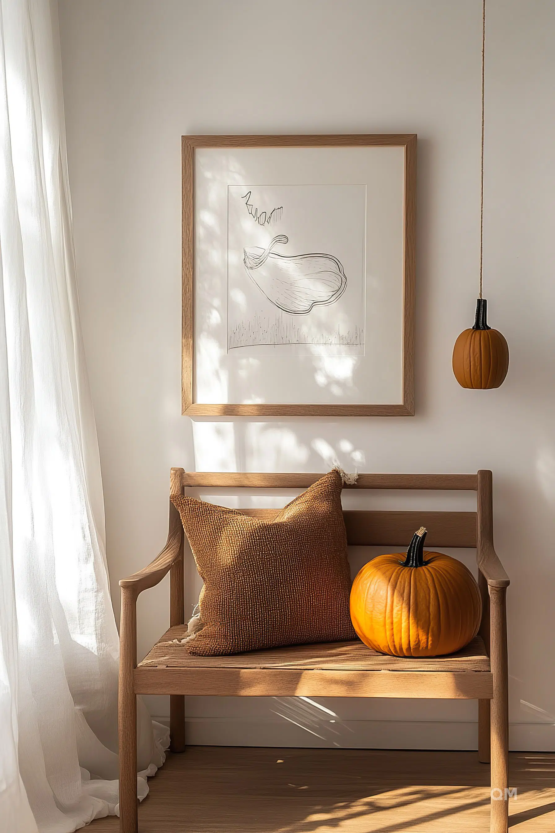 A cozy corner featuring a wooden chair with a burlap cushion, a pumpkin on the seat, a framed sketch of a pumpkin on the wall, and a hanging pendant lamp.