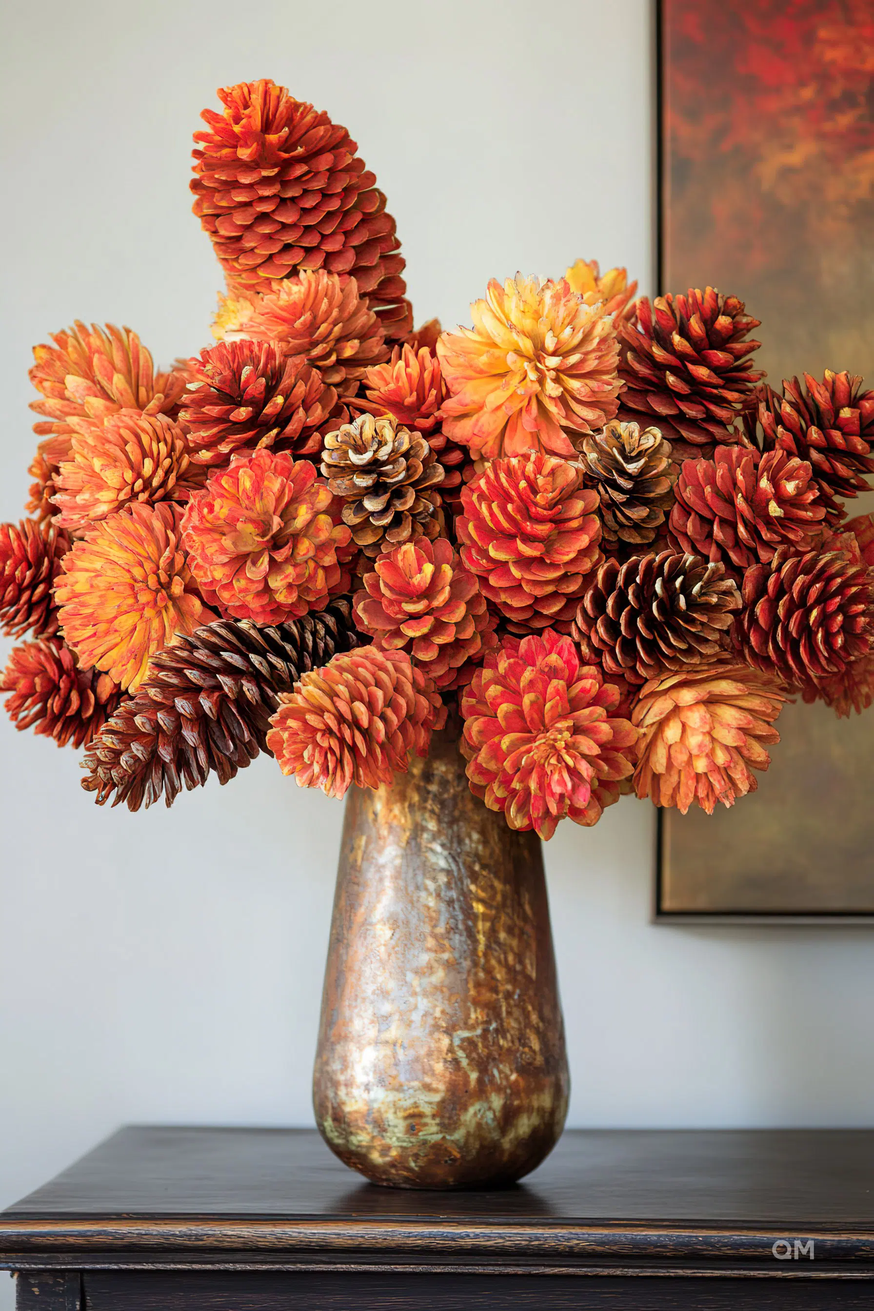 A rustic vase on a table filled with vibrant orange pine cones and autumn-hued flowers against a neutral backdrop.