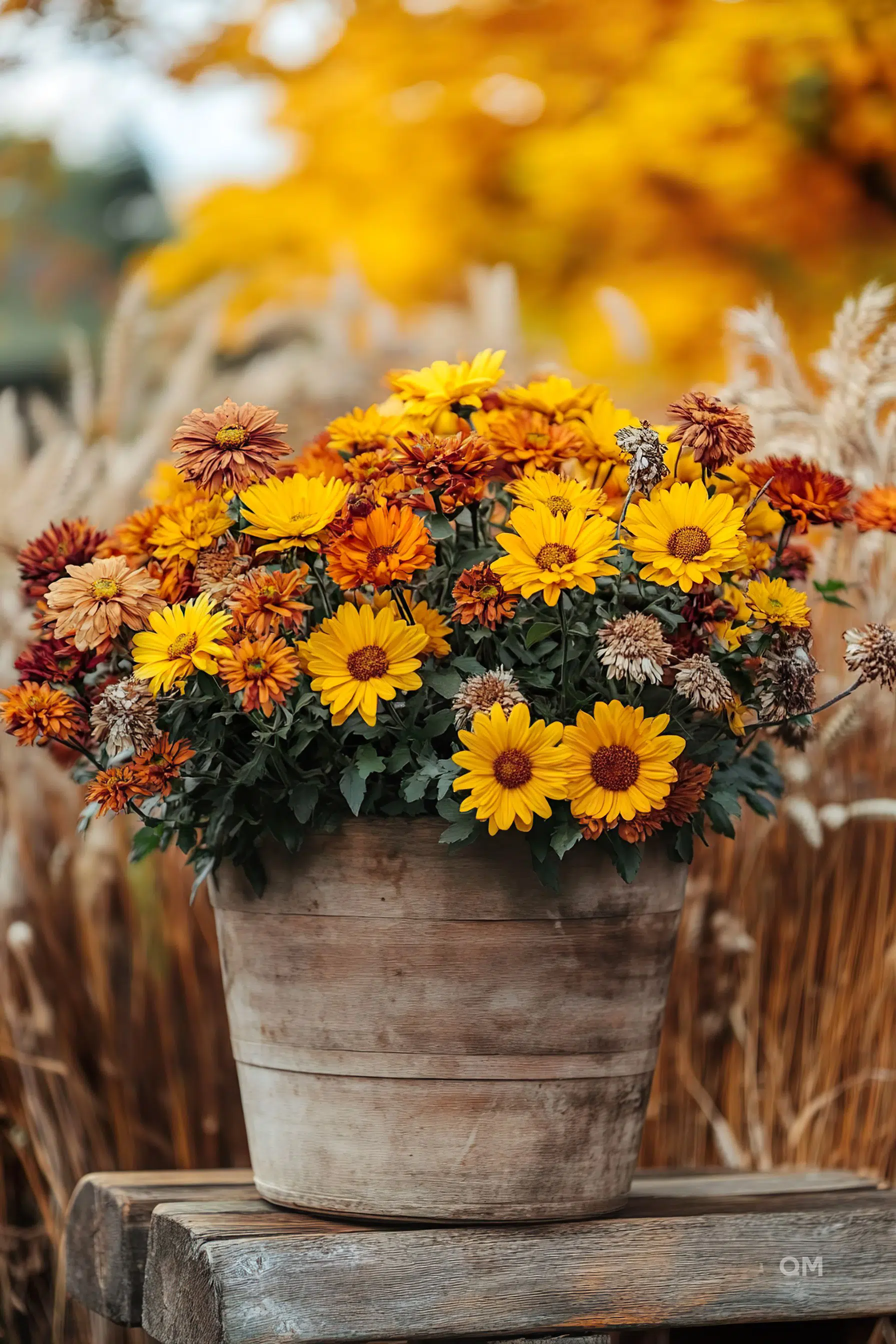 A vibrant arrangement of orange and yellow daisy-like flowers in a rustic wooden pot set against a blurred autumnal background.