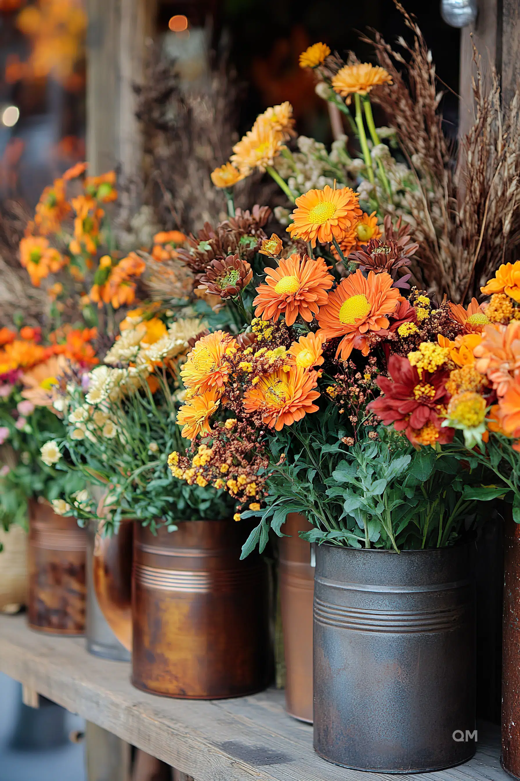 A collection of vibrant orange and yellow flowers arranged in rustic metal containers on a wooden shelf.