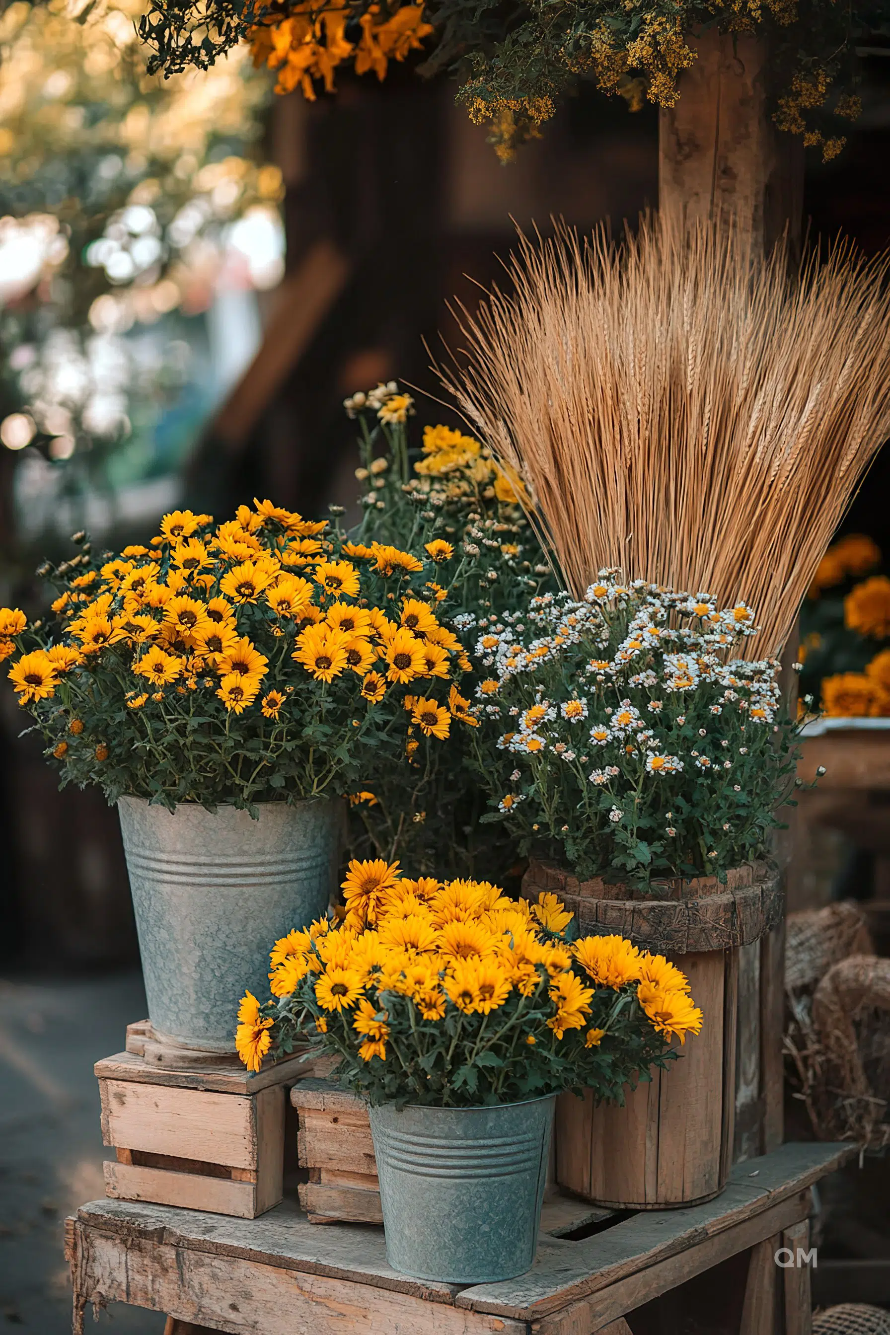Yellow and white flowers in metal buckets on a wooden stand, with a bundle of wheat and rustic decor in the background.