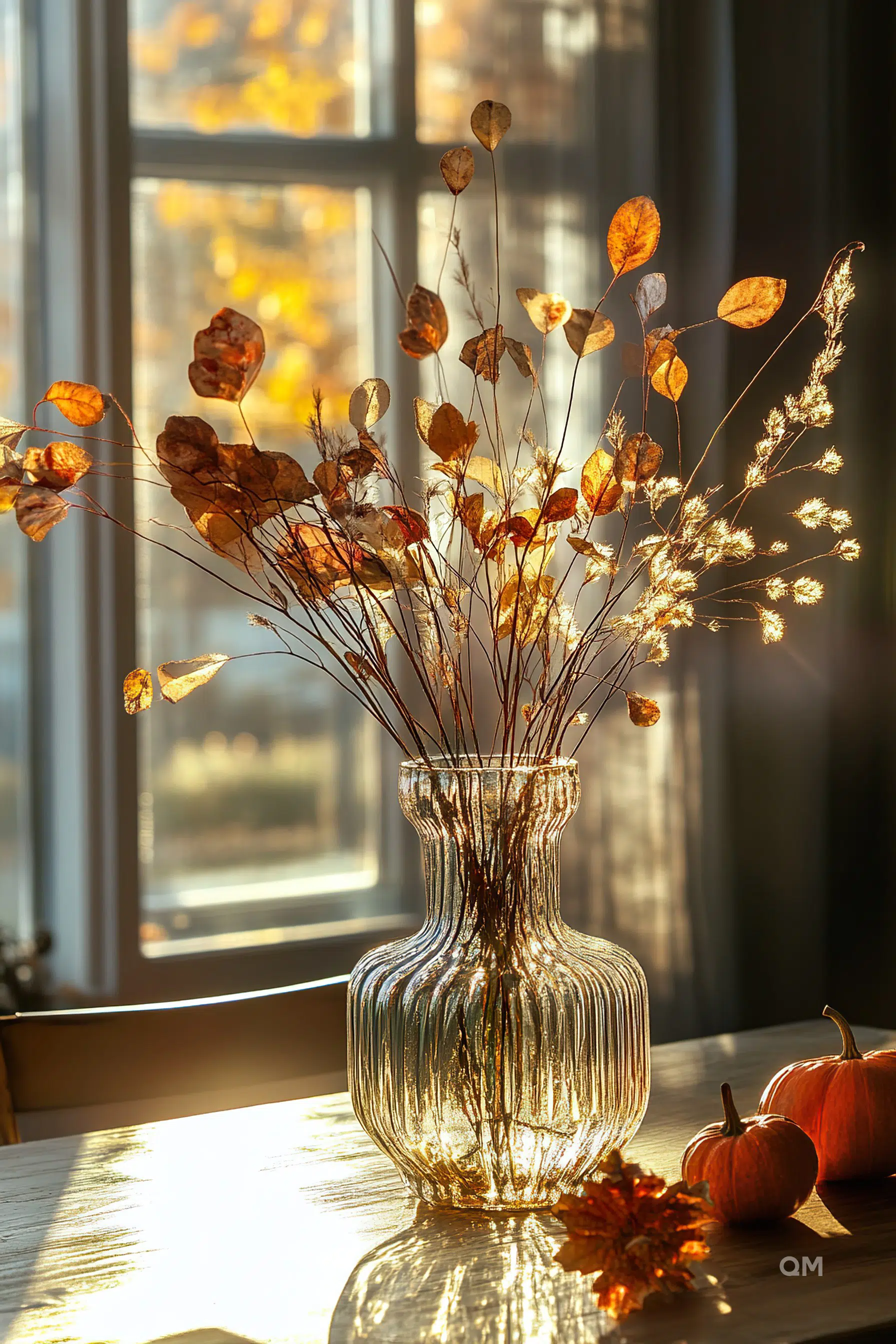 ALT: A glass vase with dried autumn leaves and branches backlit by golden sunlight on a wooden table near a window, flanked by small pumpkins.