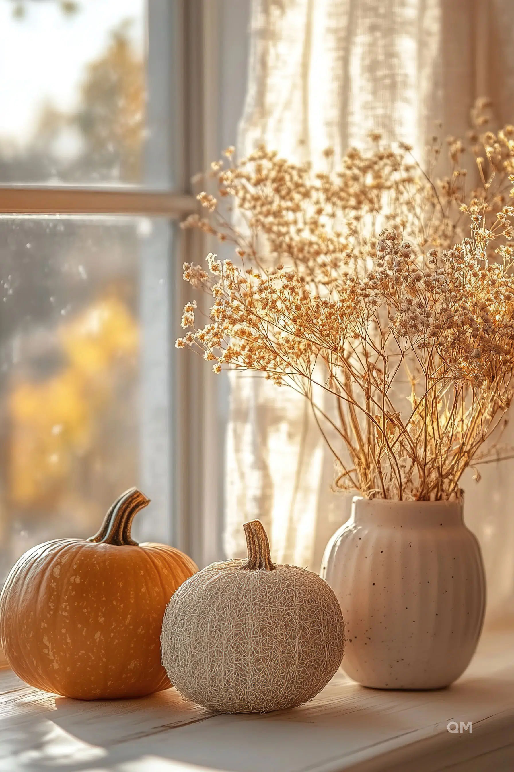 Two pumpkins on a windowsill with a vase of dried flowers, bathed in warm sunlight with sheer curtains in the background.