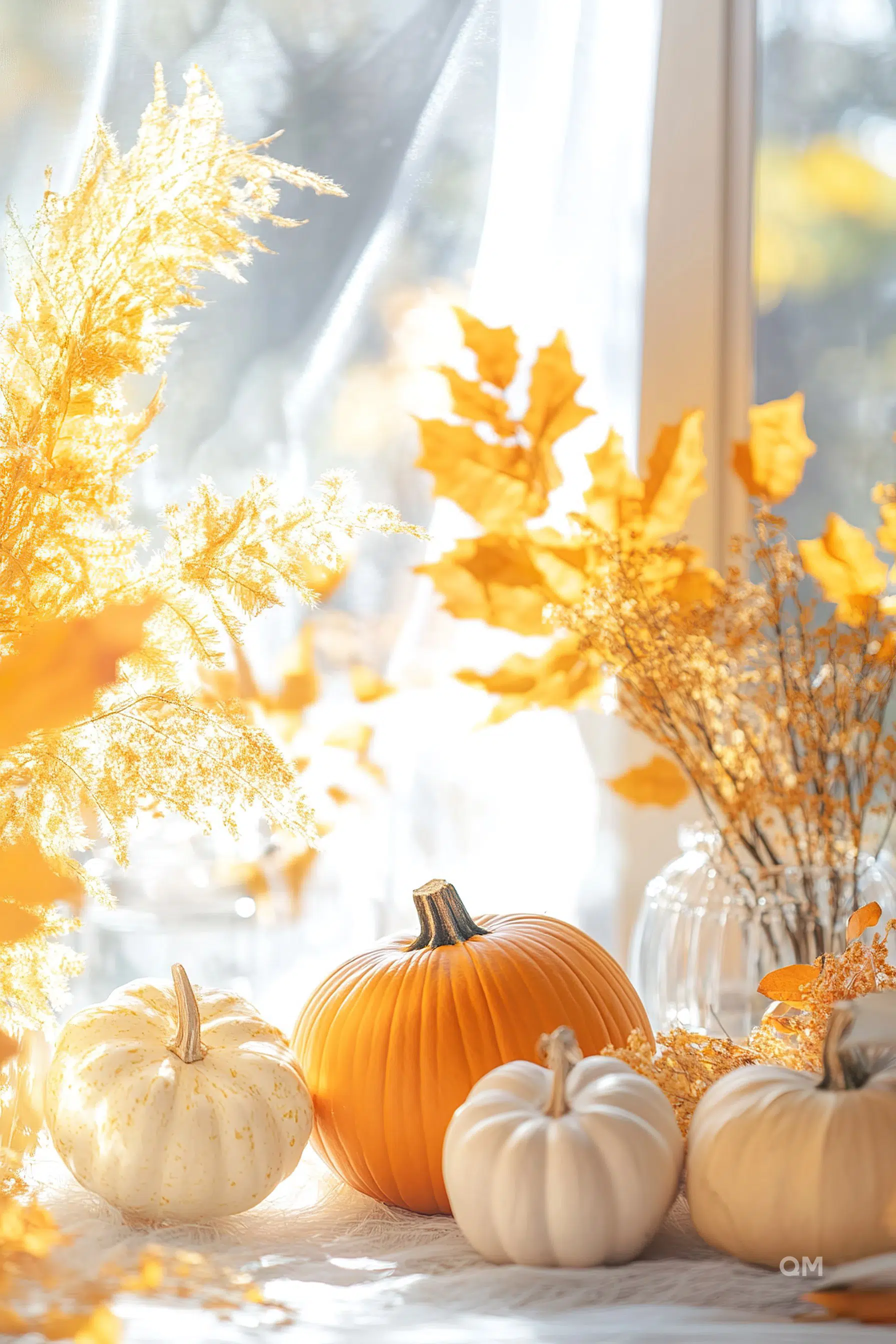 A warm autumn setting with pumpkins and golden leaves, bathed in soft sunlight by a window.