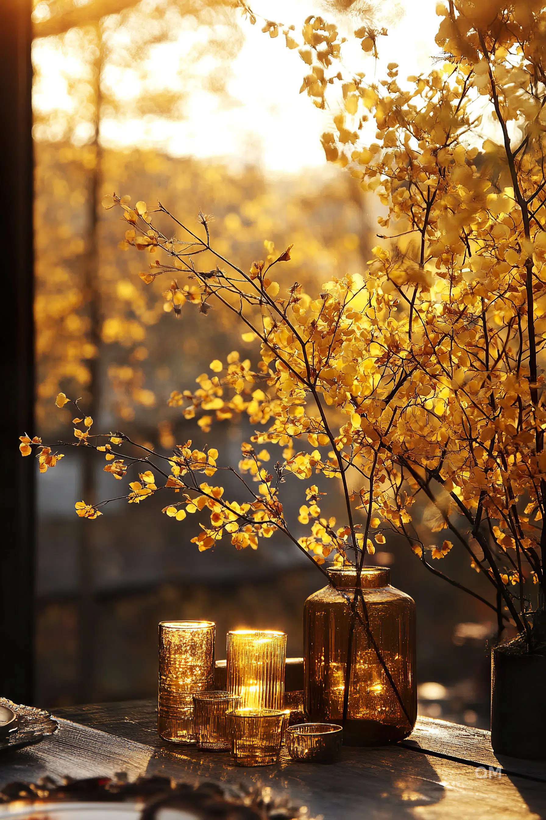 Golden hour sunlight filtering through autumn leaves and reflecting off a collection of amber glass candle holders on a table.